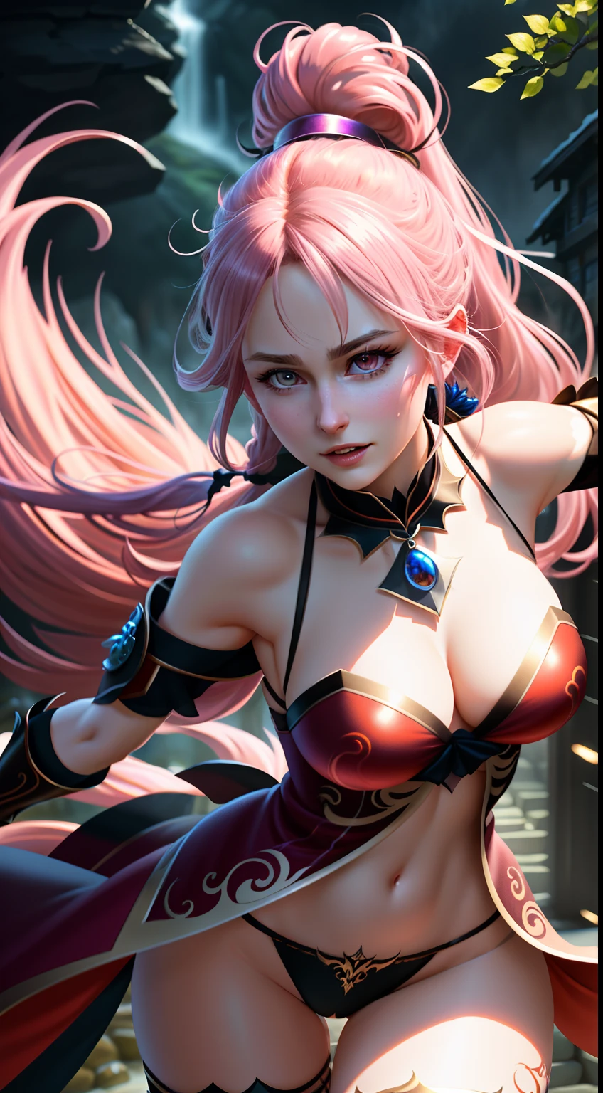 (extremely detailed CG octane render 8k wallpaper)The personification of the inugami in the form of a women, highlighted long hair, anime style, ponytail, epic intricate scene, happy, focus on face, (a action shot of a perfect eyes), dynamic pose, epic realistic, faded, complex stuff around, intricate landscape in the background, (Jim Henson's labyrinth), detailed illustration by MSchiffer, zoomed, hit definition, contrasting colors, RAW, 32k resolution, best quality, volumetric lighting, intricate details, very high saturation
