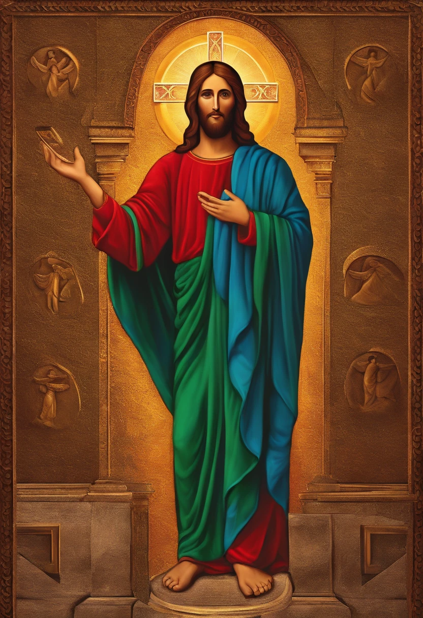 Create an artistic representation of Jesus with simplified features, one obtained from coins held out in one hand and an open Bible in the other, in a style that conveys a sense of spirituality and prosperity. Use vibrant, stylized colors to capture the essence of the scene