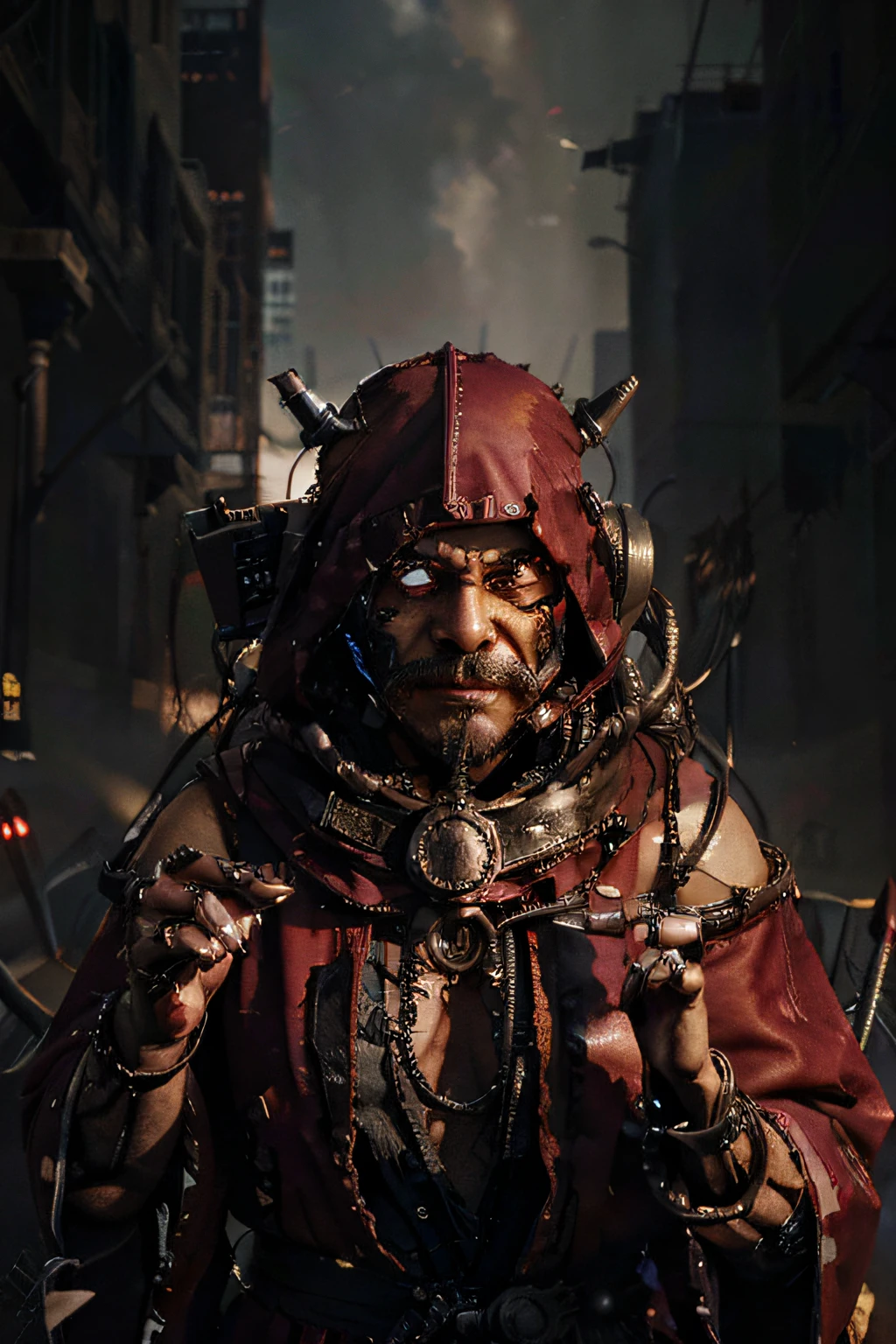 face_portrait, crude, mechanical, adult_male, Japanese, evil, sinister, mustache, mouche, glass_lens_in_right_eye, wires_through_face, wires_in_head, wires_across_head, deformed, stitches_across_face, arrogant, spiteful, bright_purple_robes, dried_blood_splatters_in_robes, heavy_augmentation, chaos, slaanesh