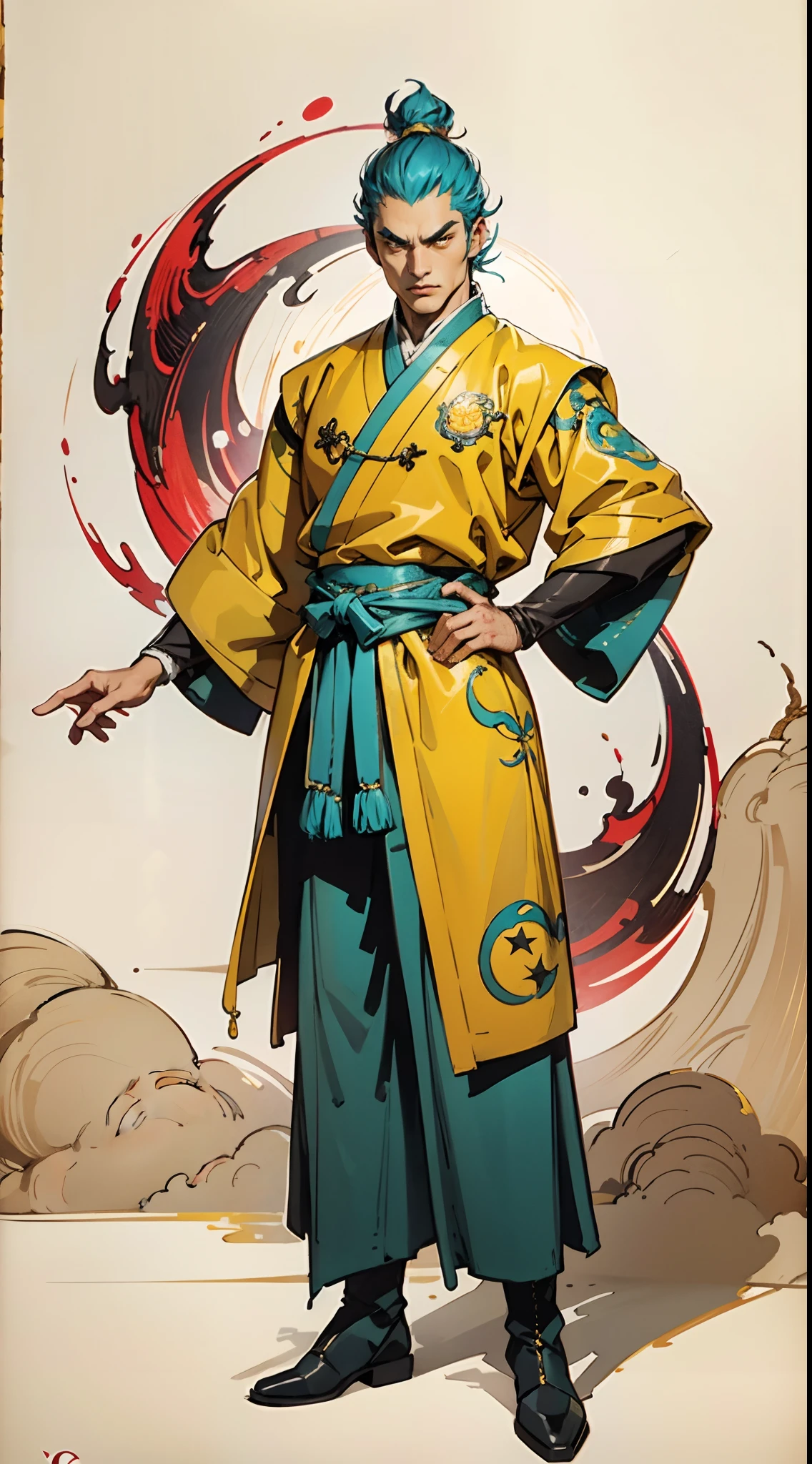 A young man with short aquamarine hair, sharp eyebrows, starry eyes, radiating a righteous aura, a two-piece fantasy wuxia-style outfit, featuring a traditional Chinese martial arts long gown, a wide overcoat, flowing sleeves, the color scheme is mainly red and white, with yellow as secondary colors, matching trousers, sturdy cloth boots, the background depicts a dreamy pattern of geometric symbols and stars, this character embodies a finely crafted fantasy-style Chinese martial hero in anime style, characterized by an exquisite and mature manga illustration art style, full body character drawing, high definition, best quality, highres, ultra-detailed, ultra-fine painting, extremely delicate, professional, anatomically correct, symmetrical face, extremely detailed eyes and face, high quality eyes, creativity, RAW photo, UHD, 8k, Natural light, cinematic lighting, masterpiece:1.5