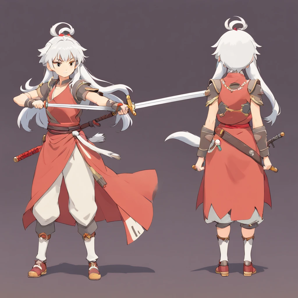 woman fighter with a white hair, detailed full body concept, front and back and side of the same character( ( character concept art ) ), simple background.