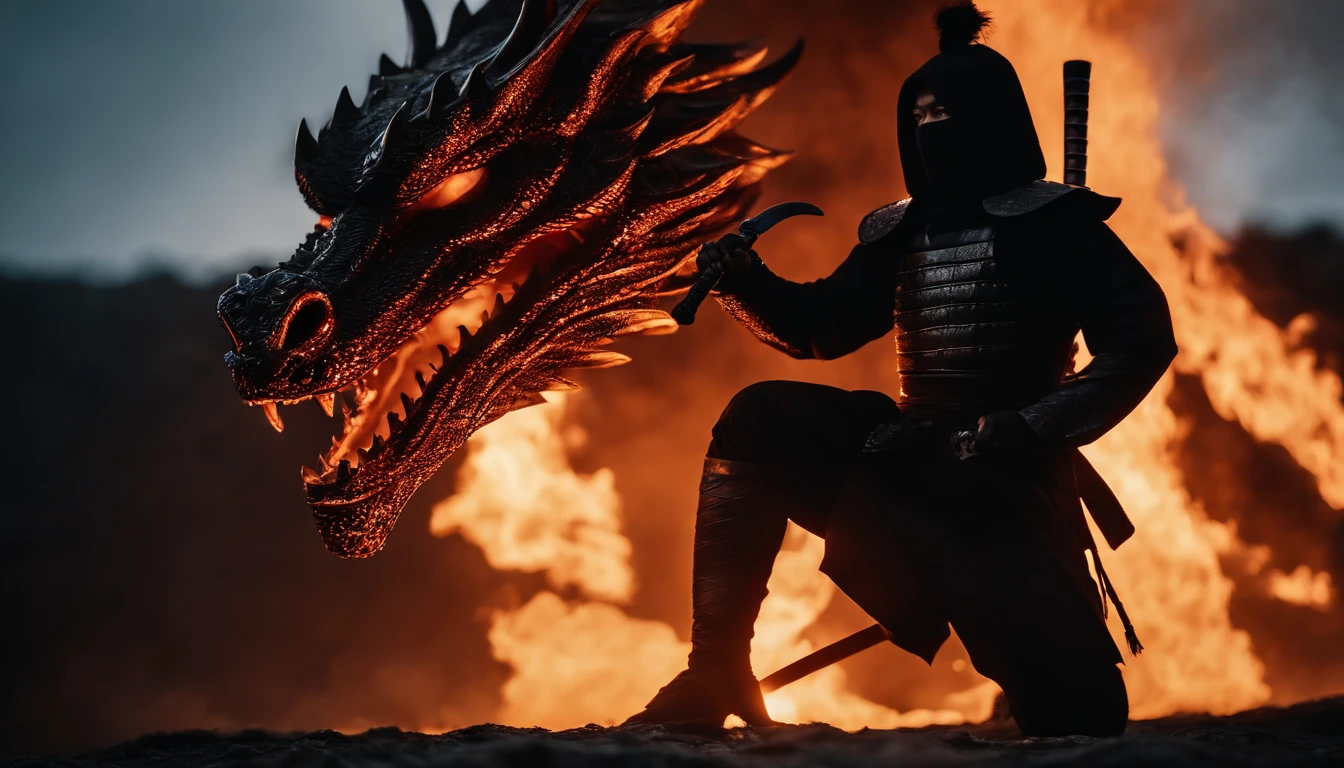 a shadow ninja who was pierced by a katana through his stomach, indicating that the ninja lost, behind him was a fiery dragon