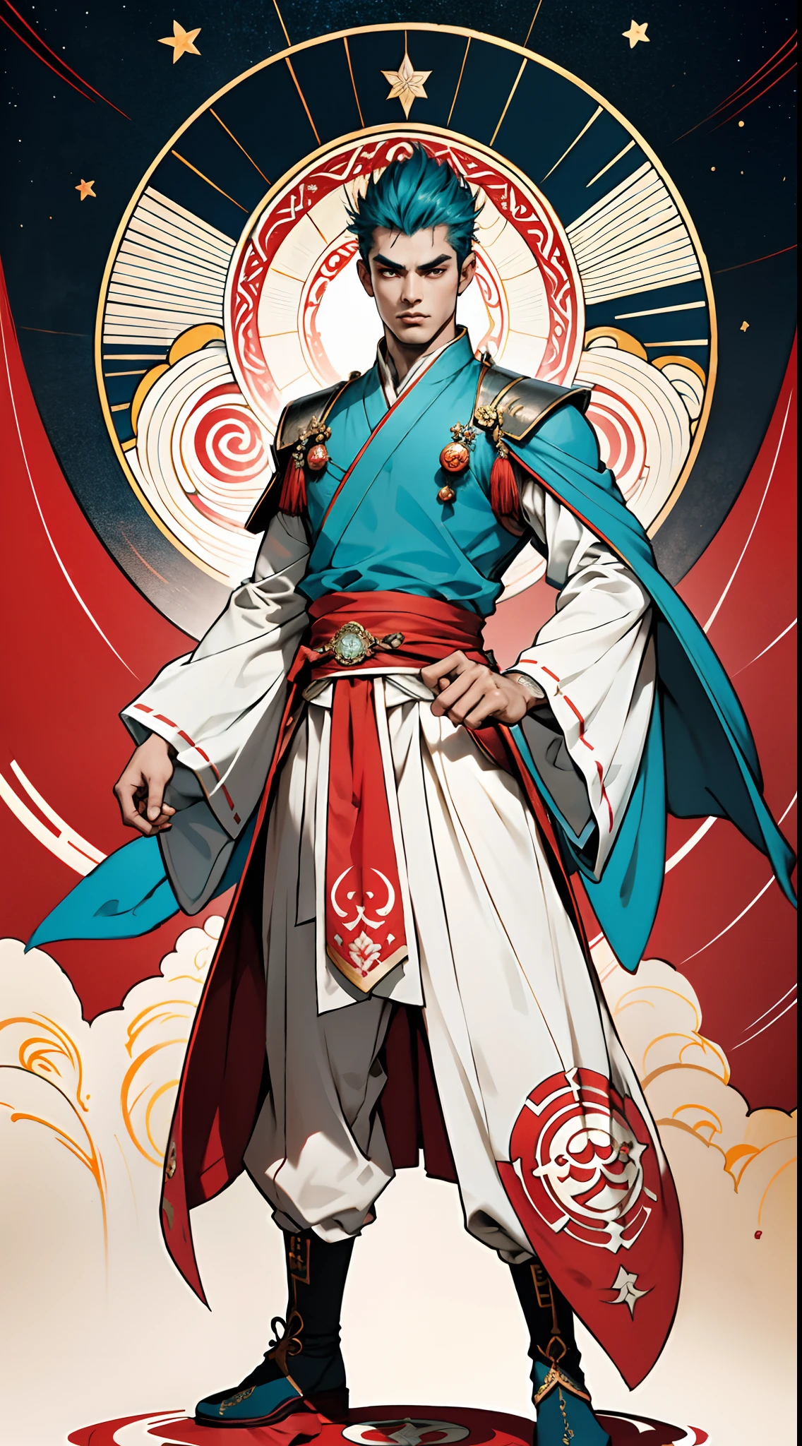 A young man with short aquamarine hair, sharp eyebrows, starry eyes, radiating a righteous aura, a two-piece fantasy wuxia-style outfit, featuring a traditional Chinese martial arts long gown, a wide overcoat, flowing sleeves, the color scheme is mainly red and white, with yellow as secondary colors, matching trousers, sturdy cloth boots, the background depicts a dreamy pattern of geometric symbols and stars, this character embodies a finely crafted fantasy-style Chinese martial hero in anime style, characterized by an exquisite and mature manga illustration art style, full body character drawing, high definition, best quality, highres, ultra-detailed, ultra-fine painting, extremely delicate, professional, anatomically correct, symmetrical face, extremely detailed eyes and face, high quality eyes, creativity, RAW photo, UHD, 8k, Natural light, cinematic lighting, masterpiece:1.5