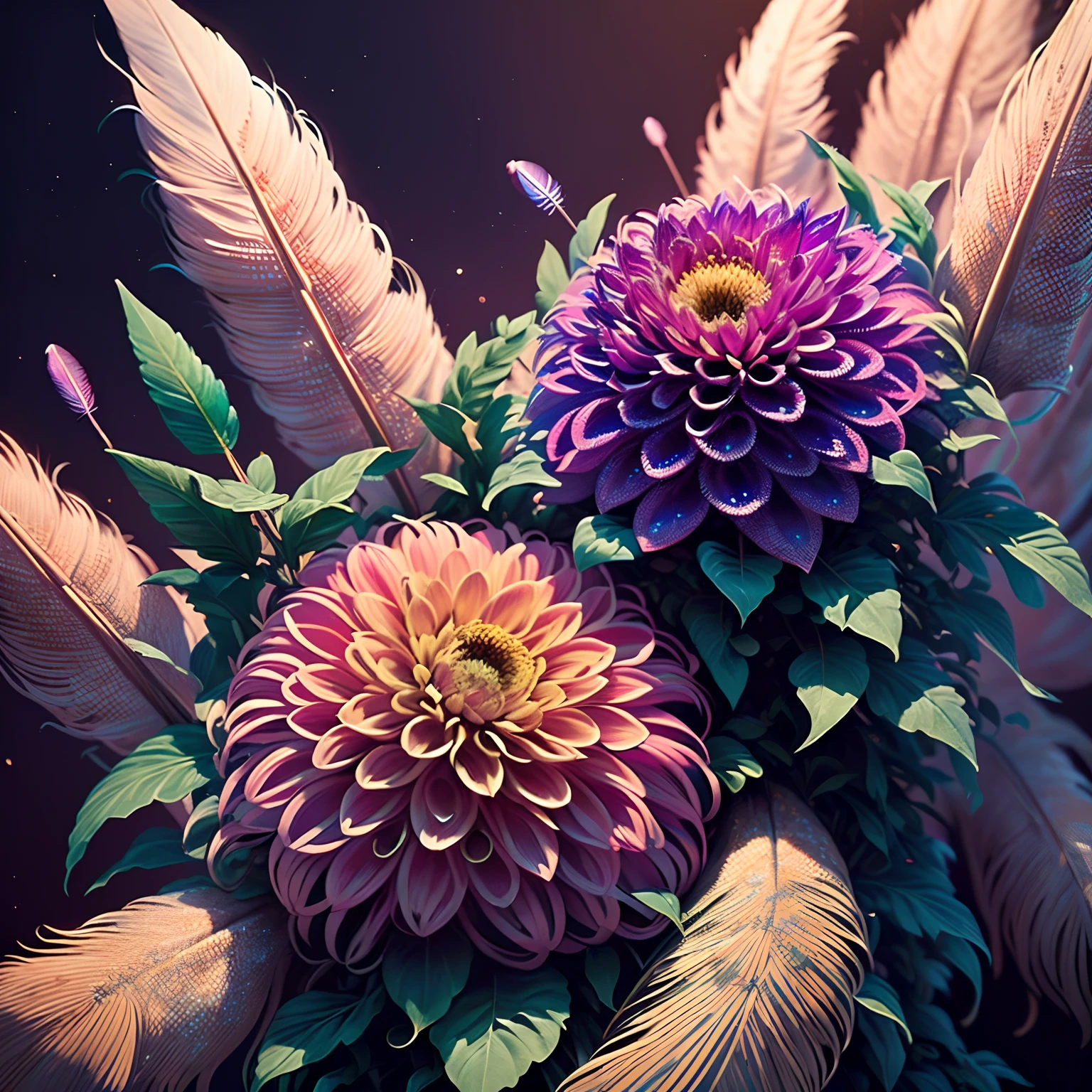 Riff Style 2 (masutepiece, top-quality, Best Quality, Official art, Plants and bird feathers, Beautiful and aesthetic:1.2), (dahlia、Pampas grass:1.3), Extremely detailed,(Fractal Art:1.1),(Colorful:1.1)(Flowers:1.3),highest details,(Zentangle:1.2), (Dynamic Pose), (Abstract background:1.3), (Shiny skin), (Many colors:1.4), ,(earrings), (Feathers:1.5)