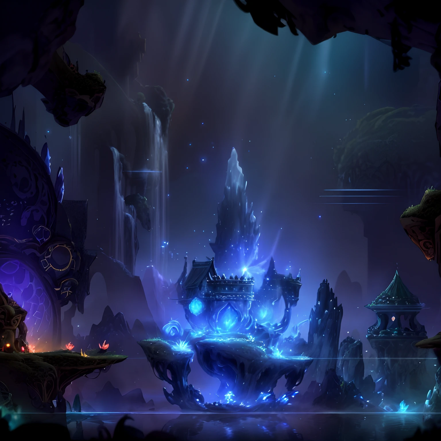 A gorgeous, slightly charred landscape thats thriving with foliage. A large, elegant palace sits on a crumbled mountain, well constructed and made out of a sturdy, gray material and is well lit from the inside. A treacherous ocean surrounds it and it is dimly lit. Three moons sit closely together, glowing brightly as stars speckle around it. Dragons are seen flying around the palace in a distance.