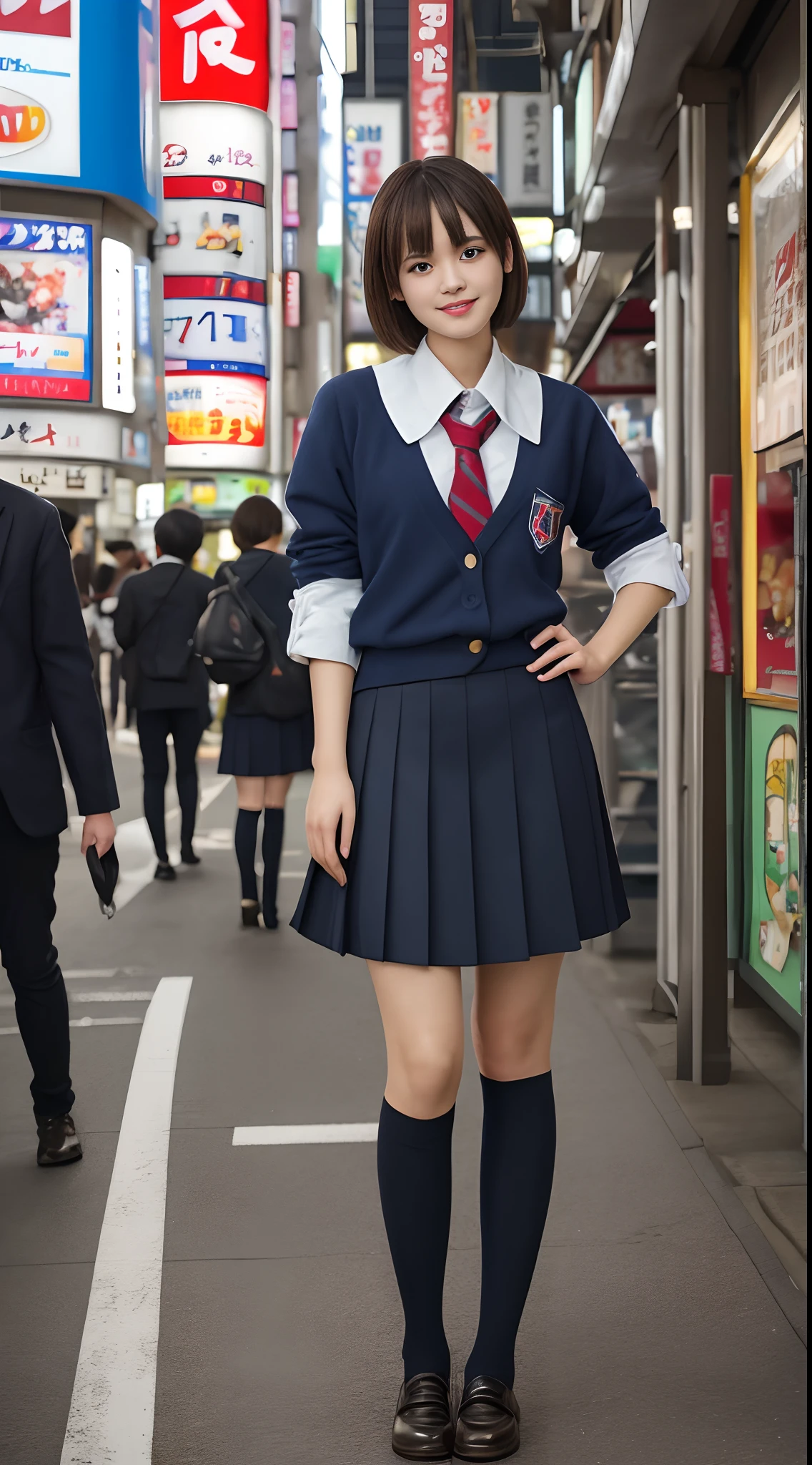 ultra best quality、masterpiece、超A high resolution、depth of fields、Depth of subject、(Photorealsitic:1.4)、(Dramatic、awardwinning photo、Incredible masterpiece:1.3) 、RAW Photography、the golden ratio、the Extremely Detailed CG Unity 8K Wallpapers、Detailed and complex、incredibly absurdness、original、hight resolution、Raw foto、(perfect body type)、Detailed and complex、Digital SLR、softlighting、hightquality、film grains、Background blur、Fuji Figure is Film XT3、50mm lens、back lighting、HDR、hyper realstic、Color Grade、dynamicposes、portlate、japanes、short-hair、a smile、s lips、bangss、(Crowded Akihabara:1.2)、Front view View viewer、natural soft light、girl with、21years old、full bodyesbian、独奏、pupils、University、校服、cute school girl、Japan School Uniforms、girl wearing school uniform、Bobby Socks、skirt by the、daytime、in a street、deep-shadows、cute little、Beautie、Unobtrusive、Cold light 12000K \\ a street、The state of the store、akihabara、Shinjuku、Shibuya、Ikebukuro、Detailed Realistic、Skin texture、ultra-detailliert、realistic skin textures The figure is the whole body、high socks、Thighs are thin buttocks small、Ankle thin