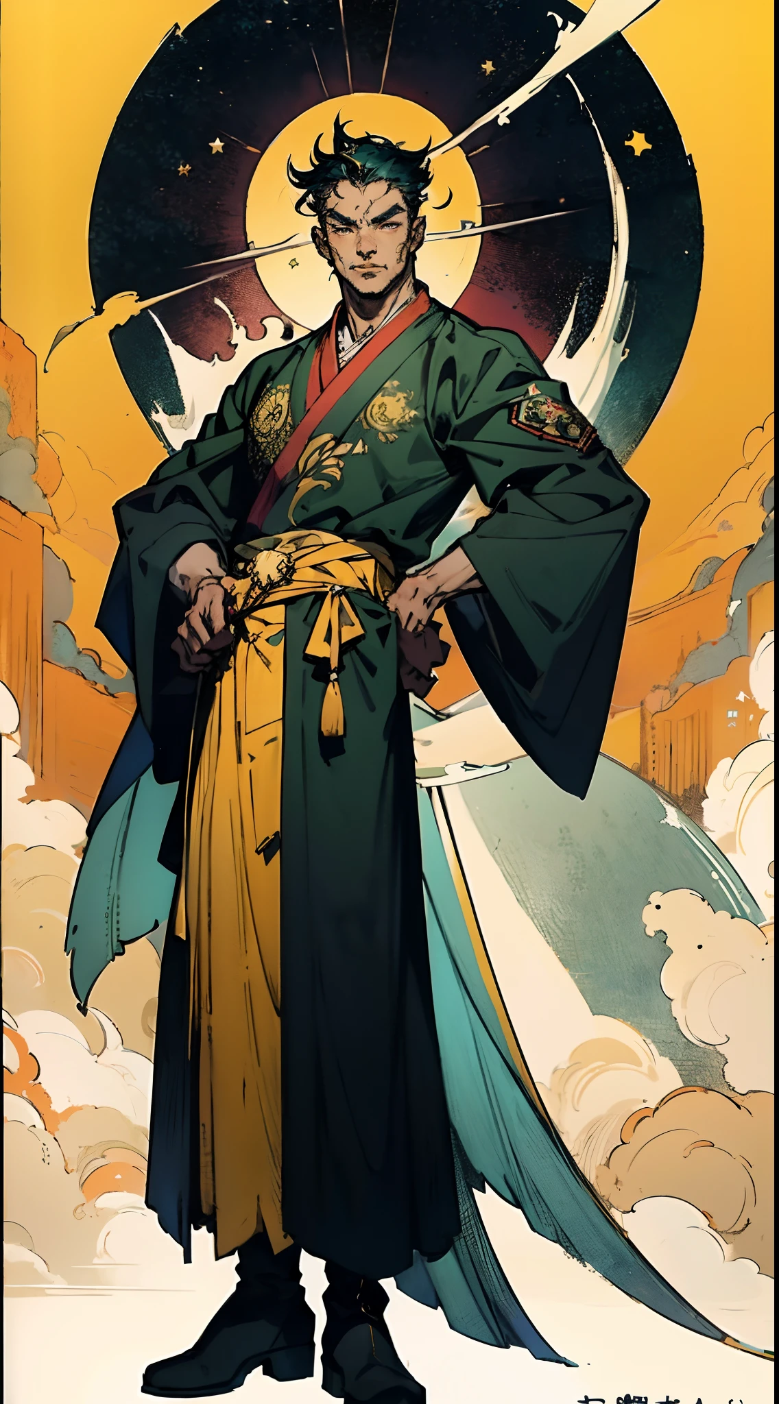 A young man with short aquamarine hair, sharp eyebrows, starry eyes, radiating a righteous aura, a two-piece fantasy wuxia-style outfit, featuring a traditional Chinese martial arts long gown, a wide overcoat, flowing sleeves, the color scheme is mainly red and white, with yellow as secondary colors, matching trousers, sturdy cloth boots, the background depicts a dreamy pattern of geometric symbols and stars, this character embodies a finely crafted fantasy-style Chinese martial hero in anime style, characterized by an exquisite and mature manga illustration art style, full body character drawing, high definition, best quality, highres, ultra-detailed, ultra-fine painting, extremely delicate, professional, anatomically correct, symmetrical face, extremely detailed eyes and face, high quality eyes, creativity, RAW photo, UHD, 8k, Natural light, cinematic lighting, masterpiece:1.5