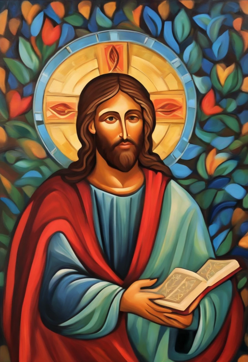 Create a highly stylized artistic depiction of Jesus, where the shapes are abstract and fluid. He must hold coins that seem to be made of light in one hand and an open Bible in the other. Use vibrant colors and expressive strokes to convey a sense of godly wisdom, espiritualidade e prosperidade