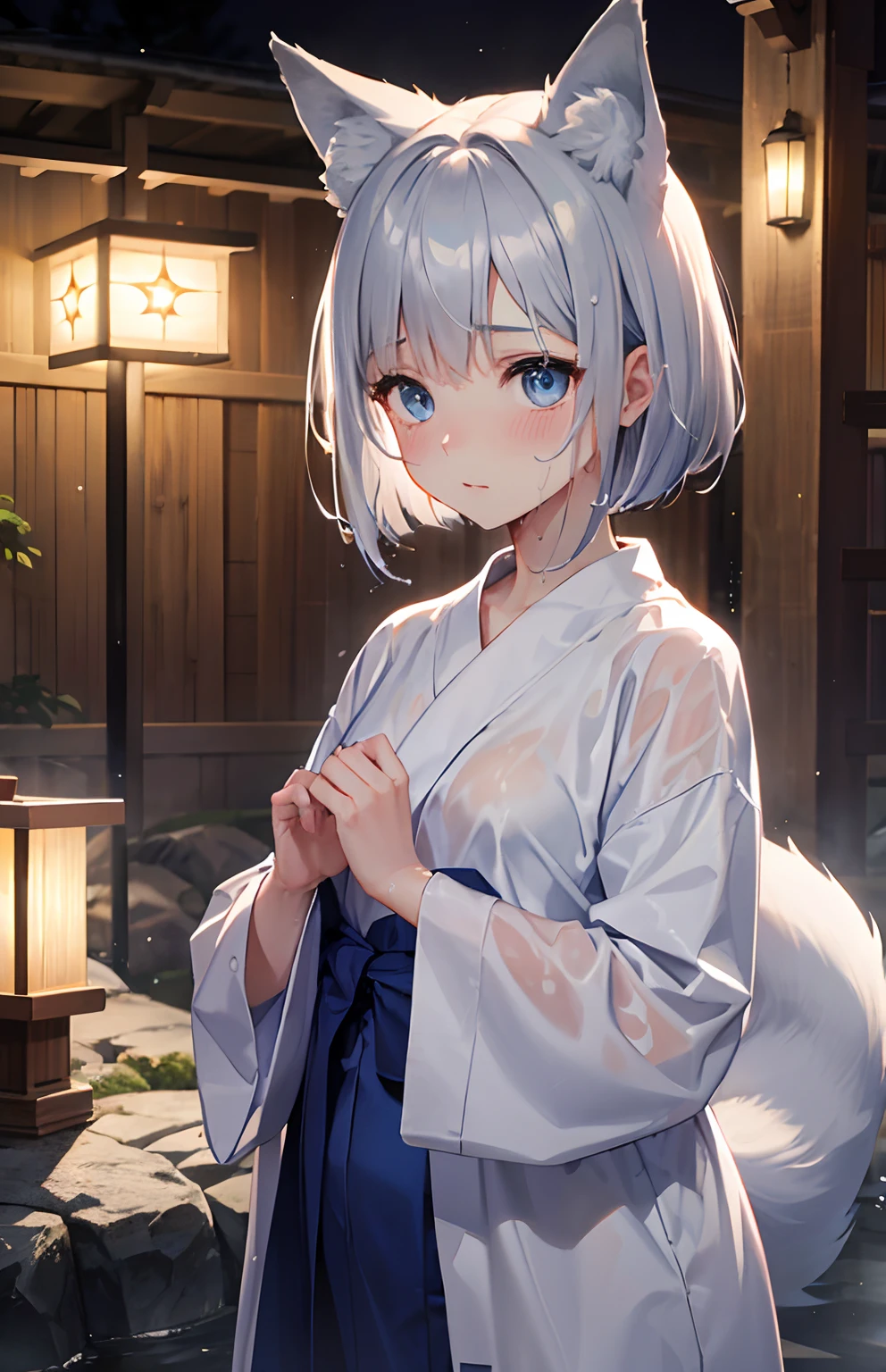 masterpiece,Top image quality,hight resolution,imagem 4k,Raw photo,Photorealsitic,{Solo},s girl,Embarrassment,Silver short bob hair,stare at each other,Wet,Blue eyes,小柄,,Silver fox ears,Fox tail,hot onsen,boyish,,bathrobe