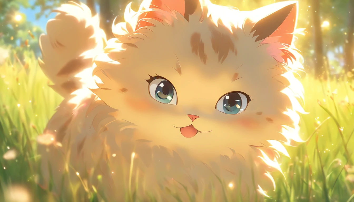 (best quality,4k,8k,highres,masterpiece:1.2),ultra-detailed,(realistic,photorealistic,photo-realistic:1.37),colorful,portrait,beautiful innocent girl,sparkling eyes,dainty features,long flowing hair,delicate skin,happy expression,lovely pink lips,playful smile,blush cheeks,pink dress,twirling skirt,cute cat,soft fur,curious blue eyes,with a cute pink bow,freckles on her nose and cheeks,sunshine streaming through the trees,tall green grass,fragrant flowers in bloom,fluffy white clouds in the sky,sunlight casting a warm glow,gentle breeze rustling through the leaves,tranquil atmosphere,evoking a sense of joy and serenity
