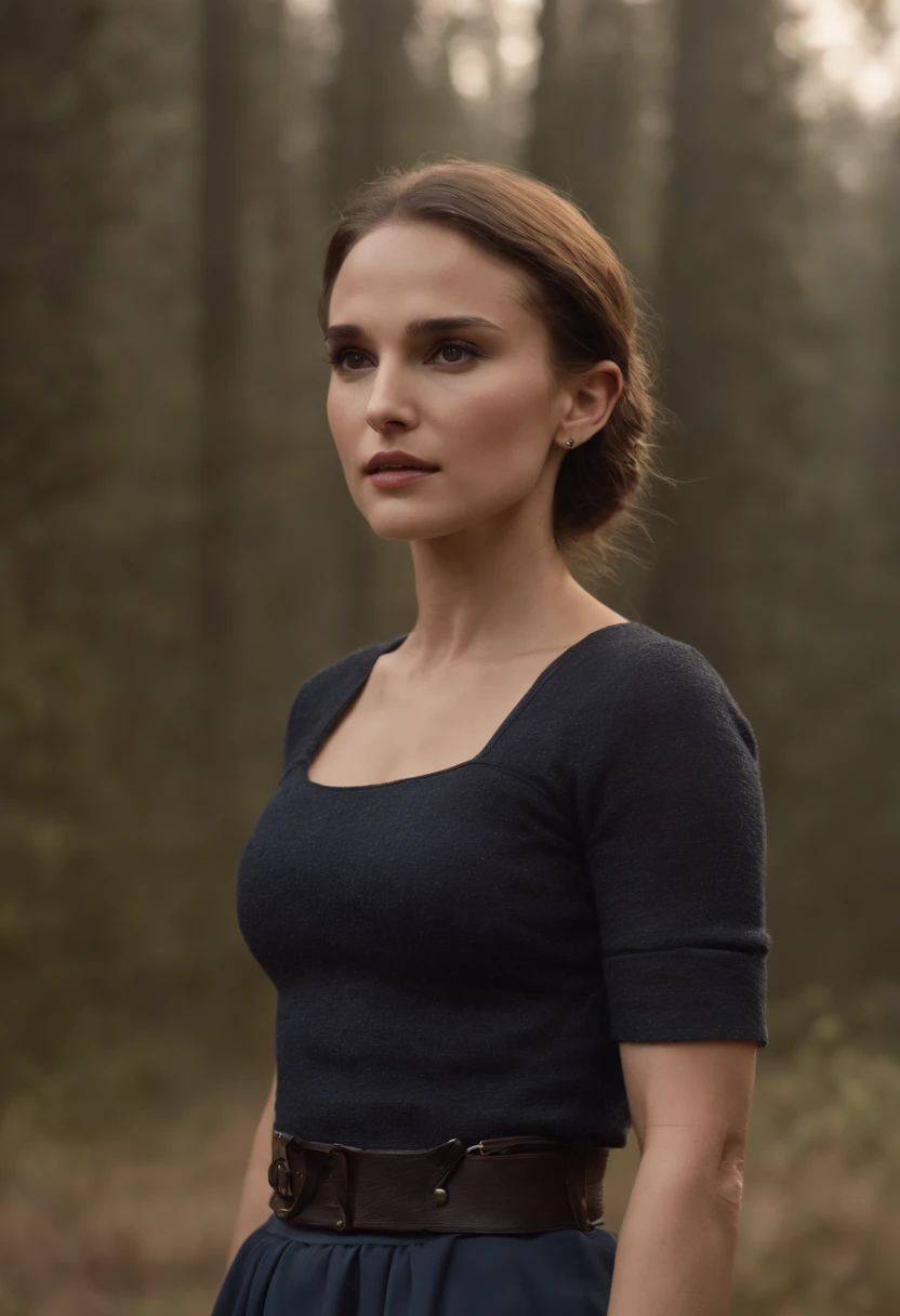 Natalie portman qui porte une jupe fendue, un croptop et des bottes.