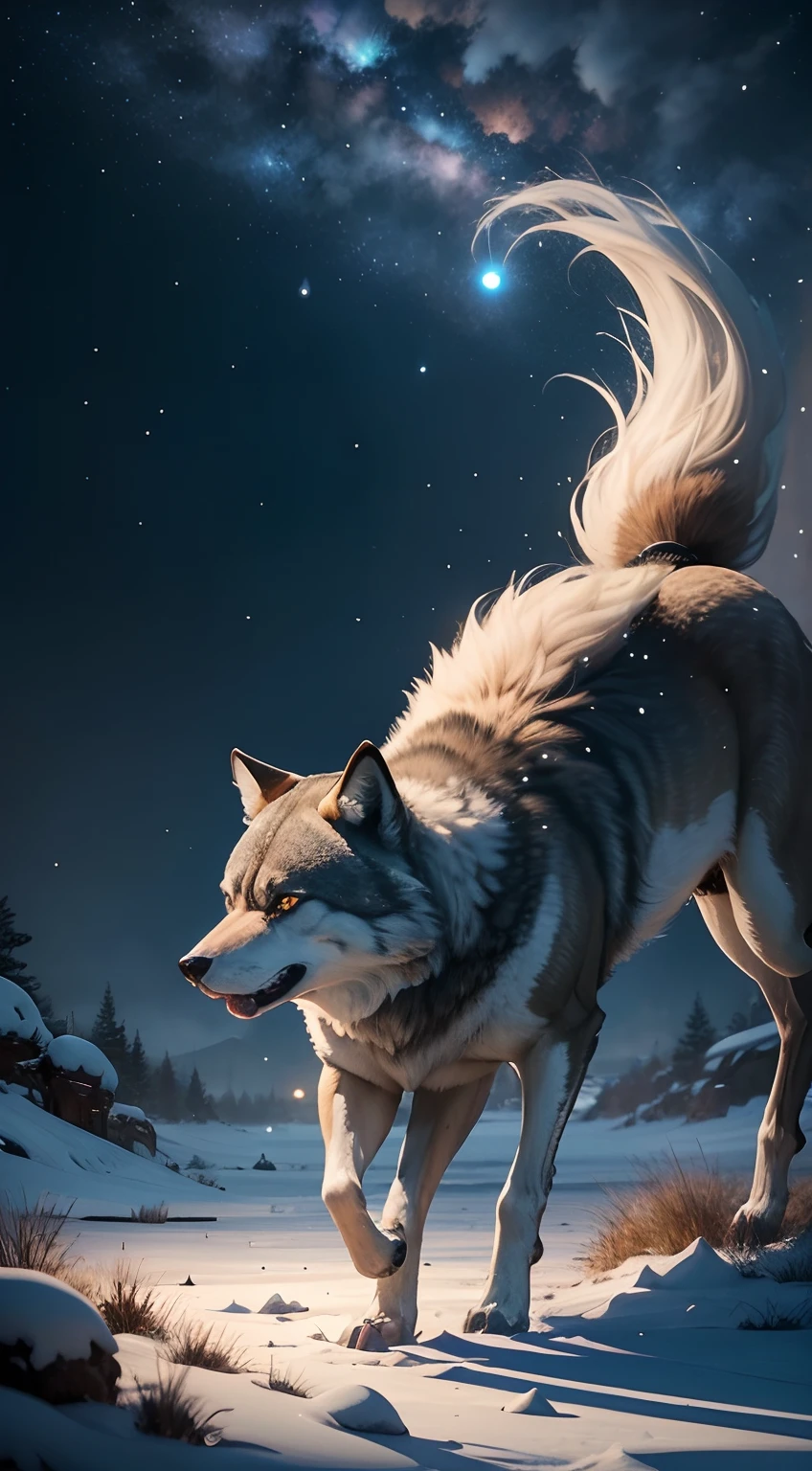 Strong wolf,中景 the scene is,(Full body appearance),Admire the night sky,standing on your feet,Roared,Rush into the night sky,Delicate depiction of hair,(Extremely detailed depiction of the wolf's body),Empty night sky,Transparent Nebula,pagoda,Auspicious clouds,The huge full moon shines brightly,Endless savannah,(Snowflakes flying),Empty visuals,ultra-wide-angle,Winter tones,light and shadow effect,Light particle tracing,rendering by octane,Movie lighting,Surreal landscape,clear contour light,rim-light,fanciful,(8K分辨率),spotlight lights,Masterpiece,Master painting,photorealestic,realisticlying