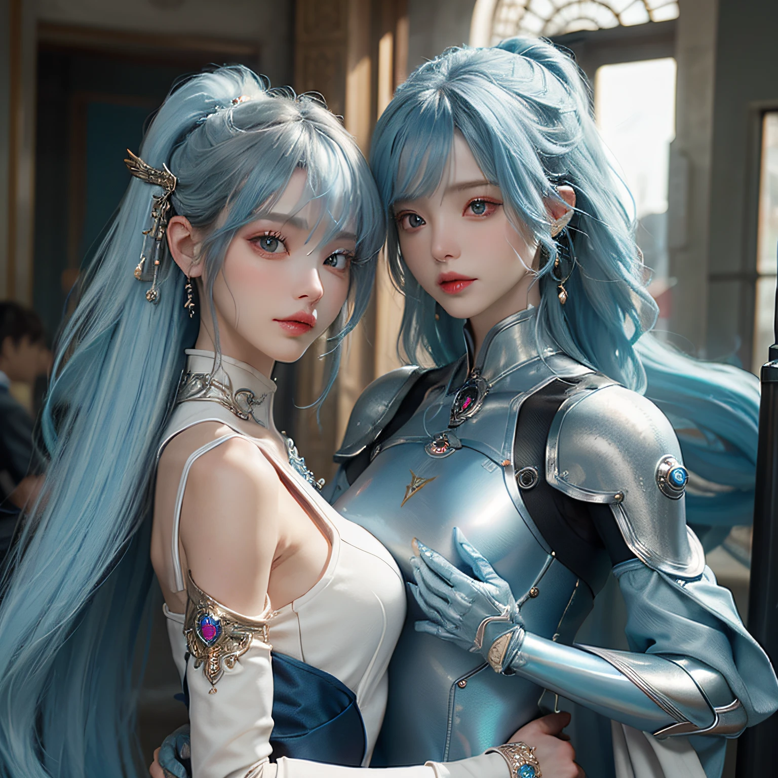 masterpiece、hightquality、。.。.。.。.。.。.。.。.。.。.。.。.。.。.3D、8K CG、intricate detailes、细致背景、Sacred。ornament detached, Dylan Kowalski, student, ((2girls)), The upper part of the body, musculature, Skindentation, looking to side, Light blue hair、length hair, Mechanical arm, synthetic skin, porcelain, pearls, Holographic, Titanium, Diamonds, ruby, sapphires, Pedras preciosas, Clockwork, grunge, worn edges, s Armor, Beautiful breasts、Twin-tailed hairstyle、