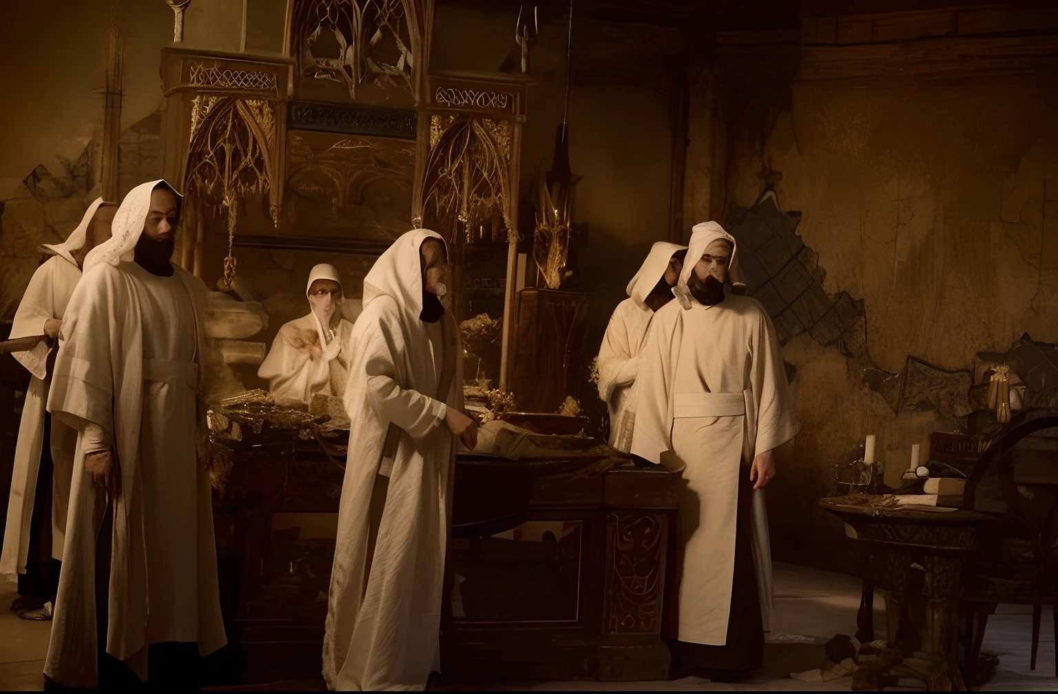 several people in white robes are standing around a table, robed figures sat around a table, dressed in white robes, white robes, clad in robes, wearing white robes, ancient kings in white robes, covered in robes, wearing robes, flowing white robes, religious robes, golden-white robes, wearing white robes!, wearing flowing robes, in robes,Dark depiction 8K like photo