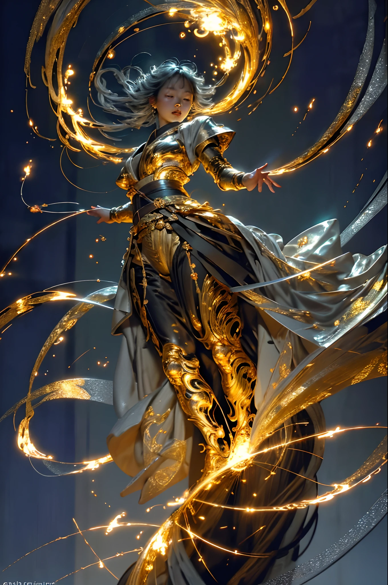 Best quality,masterpiece,ultra high res,solo,1girl, ,roujinzhi,Chinese Zen style,impactful picture,translucent and glowing metallic patterns,(glowing metal objects hovering in the air and surrounding him:1.2),(Electric arcs and sparks:1.2),(flow of energy:1.2),(translucent magnetic lines:1.2),(golden silver grey and shimmering light effects:1.2),