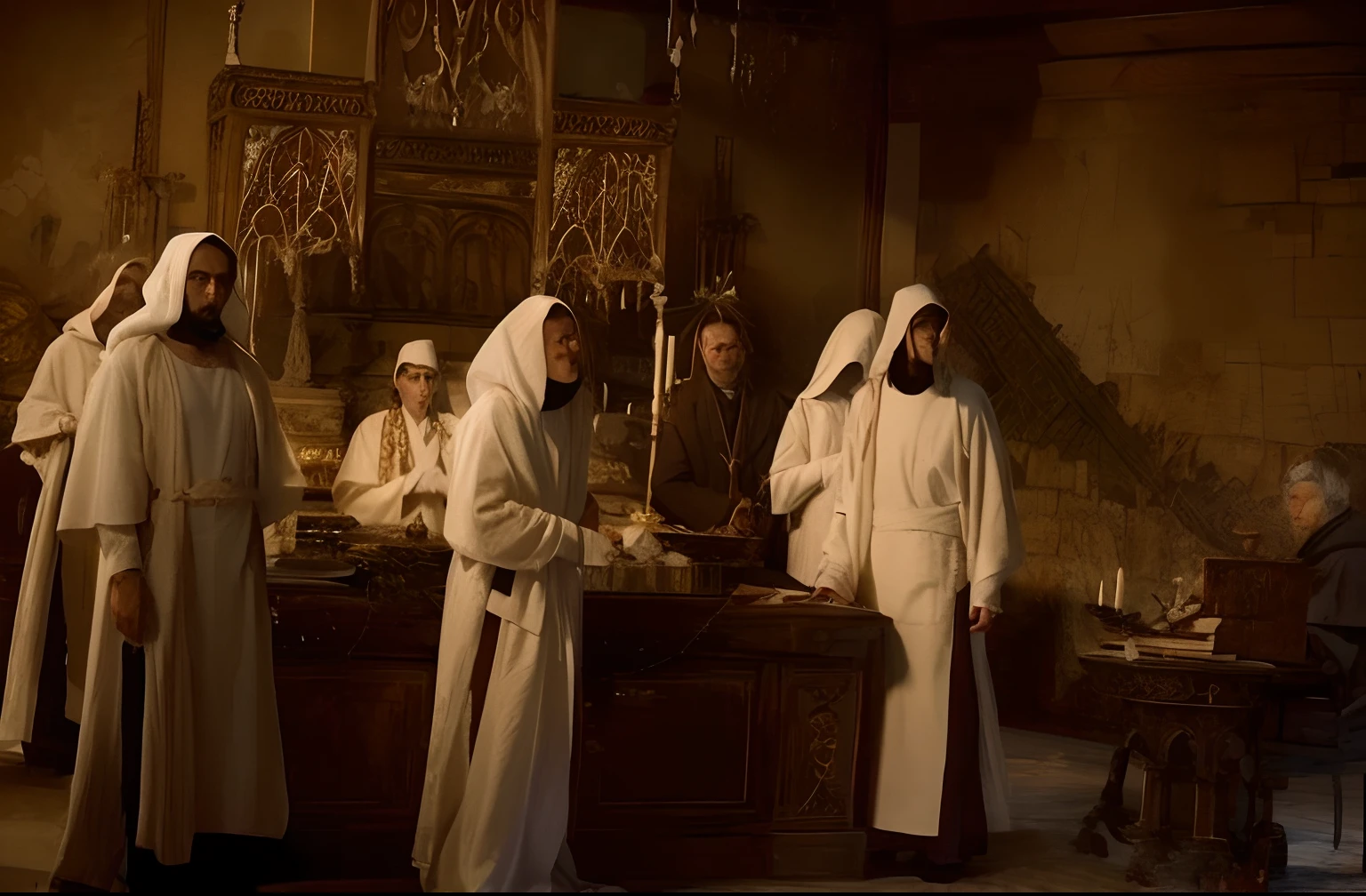several people in white robes are standing around a table, robed figures sat around a table, dressed in white robes, white robes, clad in robes, wearing white robes, ancient kings in white robes, covered in robes, wearing robes, flowing white robes, religious robes, golden-white robes, wearing white robes!, wearing flowing robes, in robes,Dark depiction 8K like photo