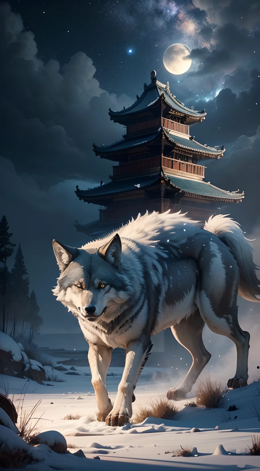 Strong wolf，中景 the scene is，（Full body appearance），Admire the night sky，standing on your feet，Roared，Rush into the night sky，Delicate depiction of hair，（Extremely detailed depiction of the wolf's body），Empty night sky，Transparent Nebula，pagoda，Auspicious clouds，The huge full moon shines brightly，Endless savannah，（Snowflakes flying），Empty visuals，ultra-wide-angle，Winter tones，light and shadow effect，Light particle tracing，rendering by octane，Movie lighting，Surreal landscape，clear contour light，rim-light，fanciful，（8K分辨率），spotlight lights，Masterpiece，Master painting，photorealestic，realisticlying