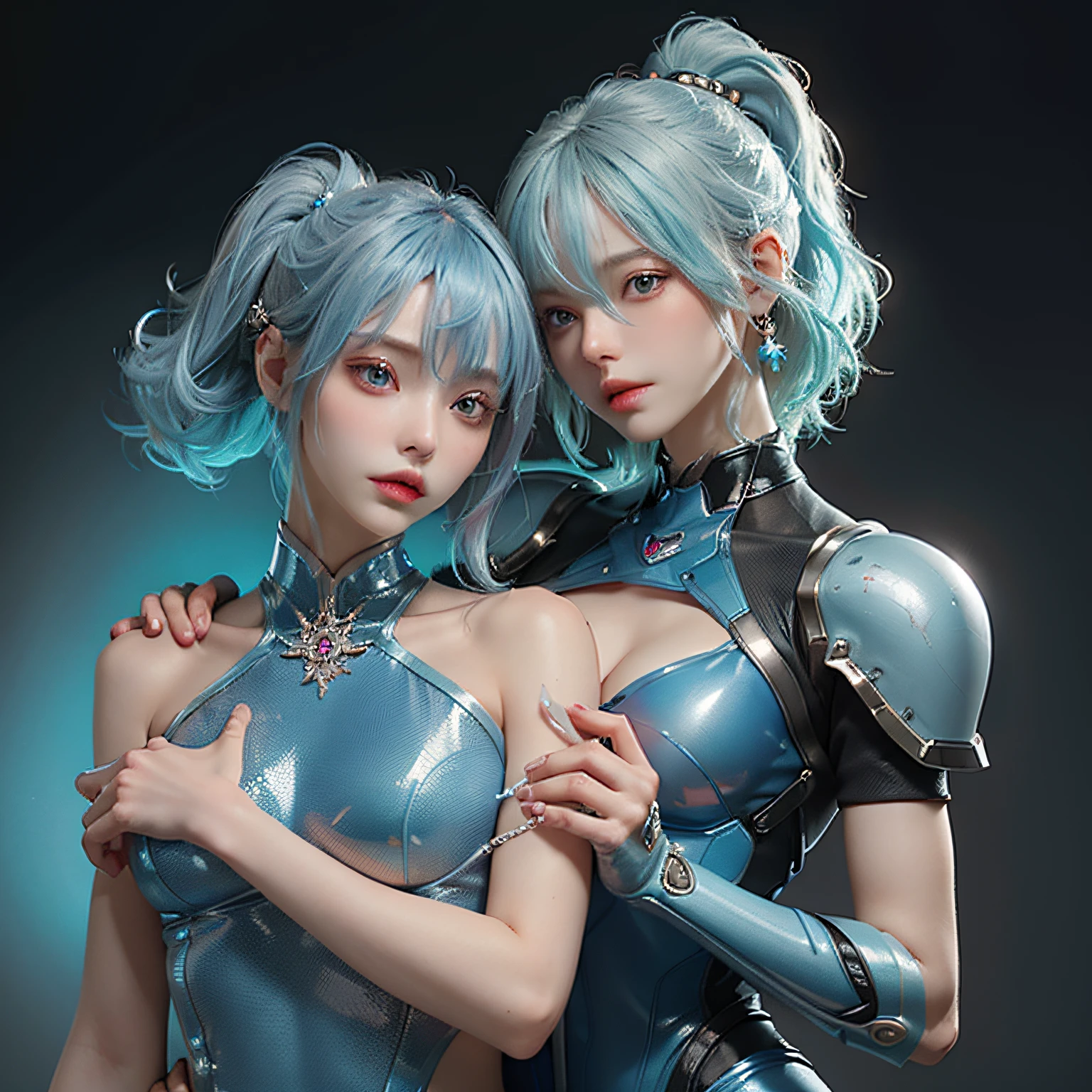masterpiece、hightquality、。.。.。.。.。.。.。.。.。.。.。.。.。.。.3D、8K CG、intricate detailes、细致背景、Sacred。ornament detached, Dylan Kowalski, student, ((2girls)), The upper part of the body, musculature, Skindentation, looking to side, Light blue hair、length hair, Mechanical arm, synthetic skin, porcelain, pearls, Holographic, Titanium, Diamonds, ruby, sapphires, Pedras preciosas, Clockwork, grunge, worn edges, s Armor, Beautiful breasts、Twin-tailed hairstyle、