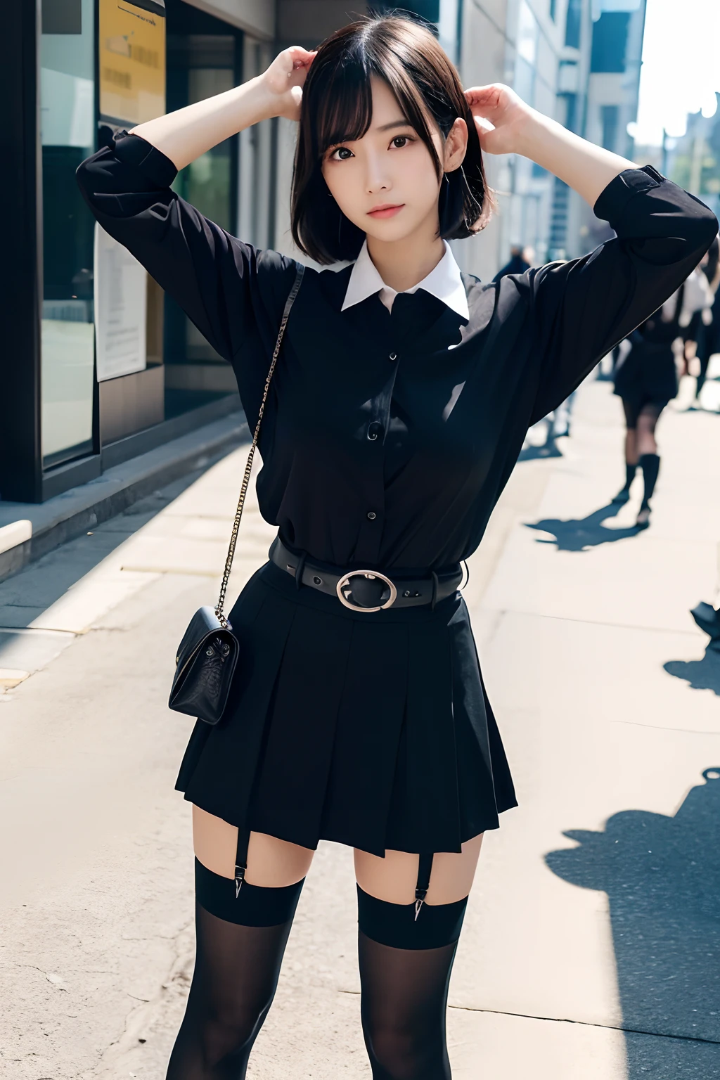 (masutepiece:1.2),High quality,vivd colour,flat-colors,Deep Depth Of Field,Lens Flare,1 girl,Black hair,eyecontact,Suit,Collared shirt,Belt bag,suspenders,Professional,Office Lady,Mature Women,Black mini skirt garterbelts knee high Stockings Black Niso Colorcon armpit sweat perspiring Side of both hands,Black jacket,Gaze,ample bosom,Armpit sweat,Exposing the armpits"Pichi Pichi clothes