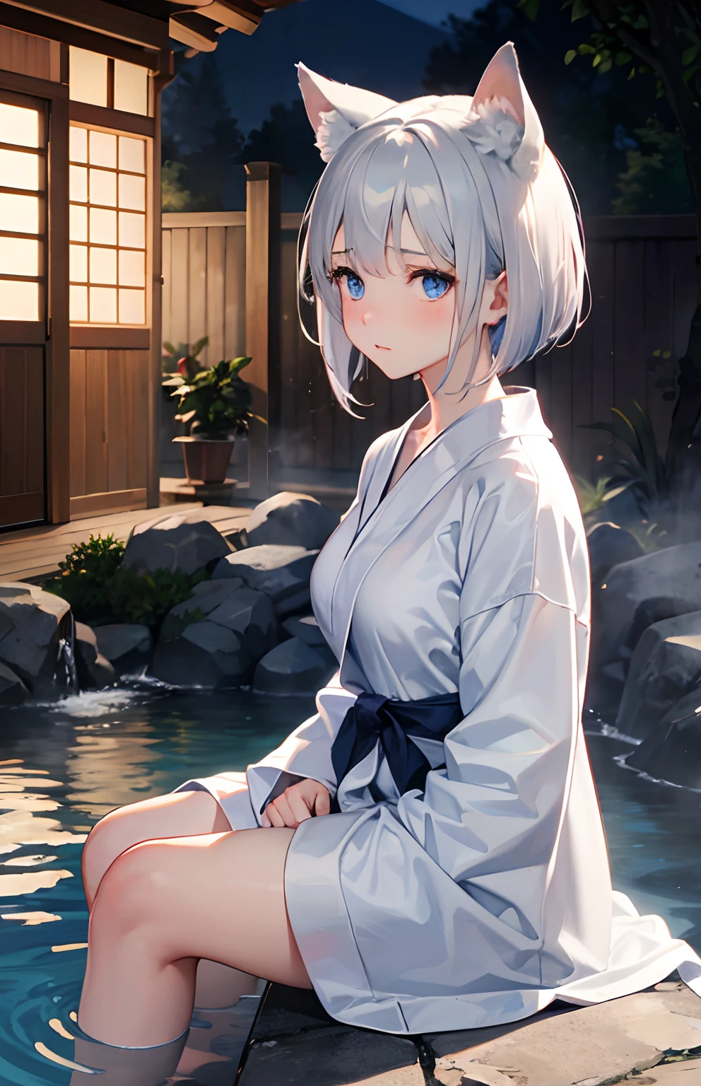 1 white-haired girl lying in bathtub in yukata, face details, HUD, charming, beautiful face, bare legs, best quality, complex background, bathroom, sunlight from the window shining into the bathroom, sparkling water, reflection of light and shadow,