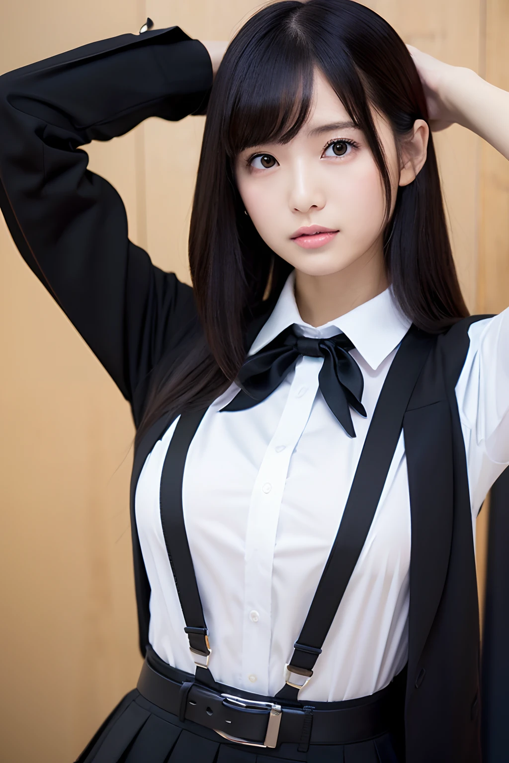 (masutepiece:1.2),High quality,vivd colour,flat-colors,Deep Depth Of Field,Lens Flare,1 girl,Black hair,eyecontact,Suit,Collared shirt,Belt bag,suspenders,Professional,Office Lady,Mature Women,Black mini skirt garterbelts knee high Stockings Black Niso Colorcon armpit sweat perspiring Side of both hands,Black jacket,Gaze,ample bosom,Armpit sweat,Exposing the armpits"Pichi Pichi clothes