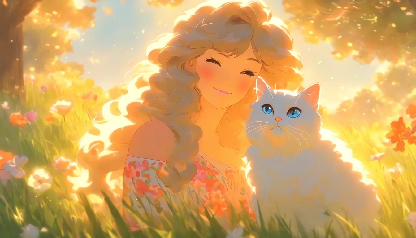 A backshot of a beautiful girl in a park with her cat, bathed in the warm sunlight. [Oil painting, vivid colors, highres, ultra-detailed] The girl has long flowing hair cascading down her back, and she wears a vibrant floral dress that reflects the colors of the blooming flowers around her. She has a gentle smile on her face as she gently strokes her cat, which is a fluffy, white Persian cat with striking blue eyes. The cat is sitting contently in her arms, enjoying the peaceful ambiance of the park. The park itself is filled with lush green grass, towering trees, and colorful flowers in full bloom. The sky above is a clear, bright blue, with fluffy white clouds floating gently by. The sunlight filters through the trees, creating beautiful dappling patterns on the girl's hair and the grass. The scene is filled with tranquility and the joy of being surrounded by nature.