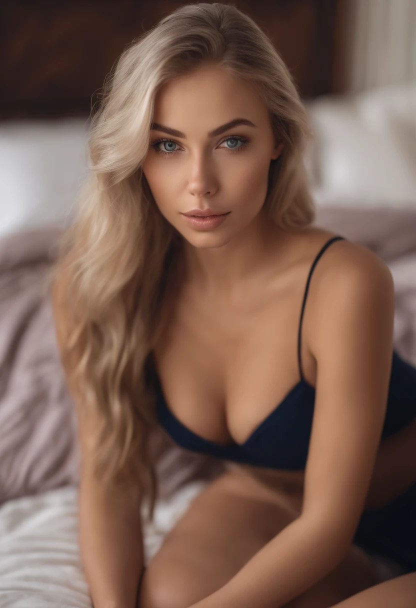arafed woman fully , sexy girl with blue eyes, ultra realistic, meticulously detailed, portrait sophie mudd, blonde hair and large eyes, selfie of a young woman, bedroom eyes, violet myers, without makeup, natural makeup, looking directly at the camera, face with artgram, subtle makeup, stunning full body shot kneeling on bed, in bedroom, medium to large size bust; ; ;naked without clothes full naked