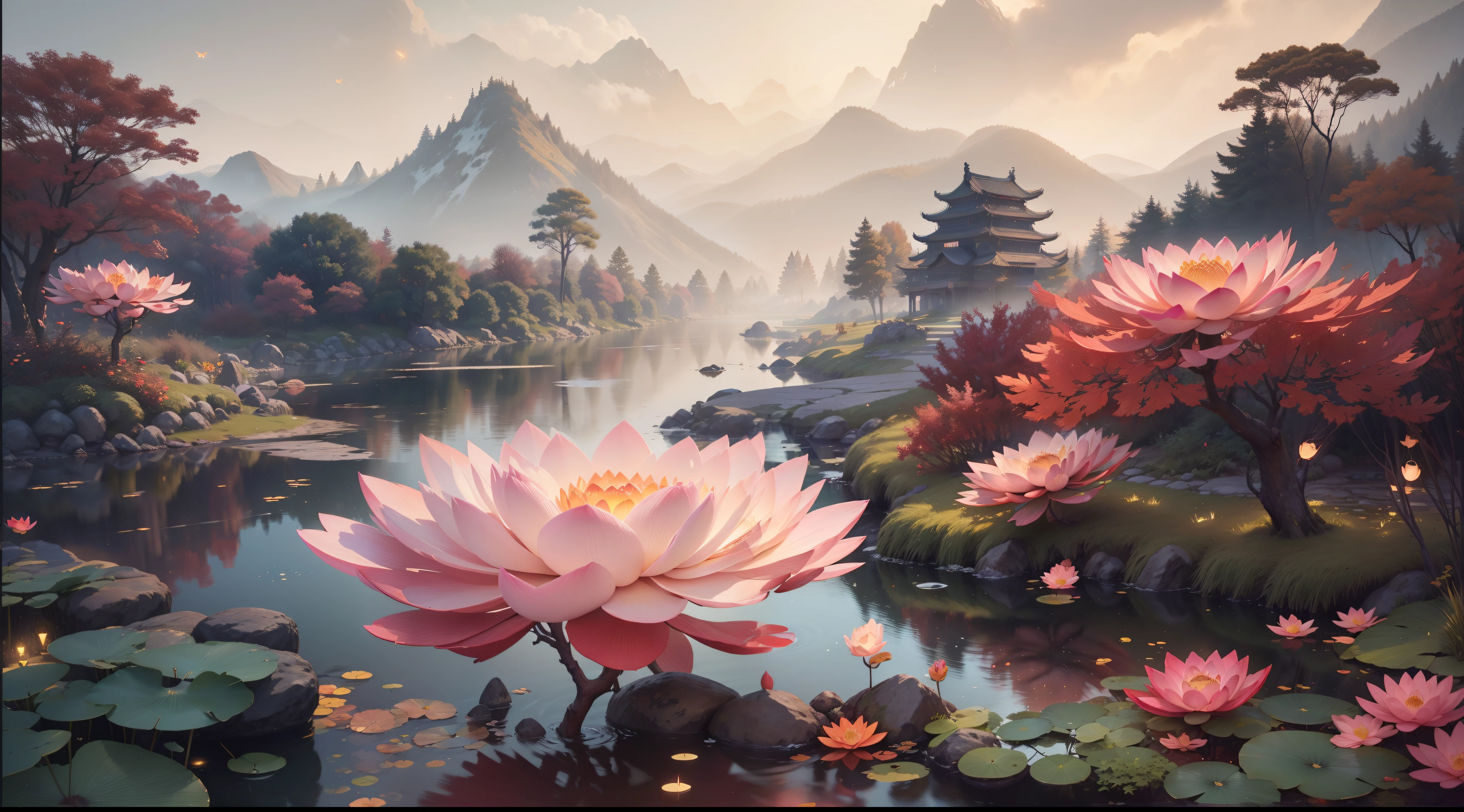 Painting of a beautiful landscape with a lake and flowers - SeaArt AI
