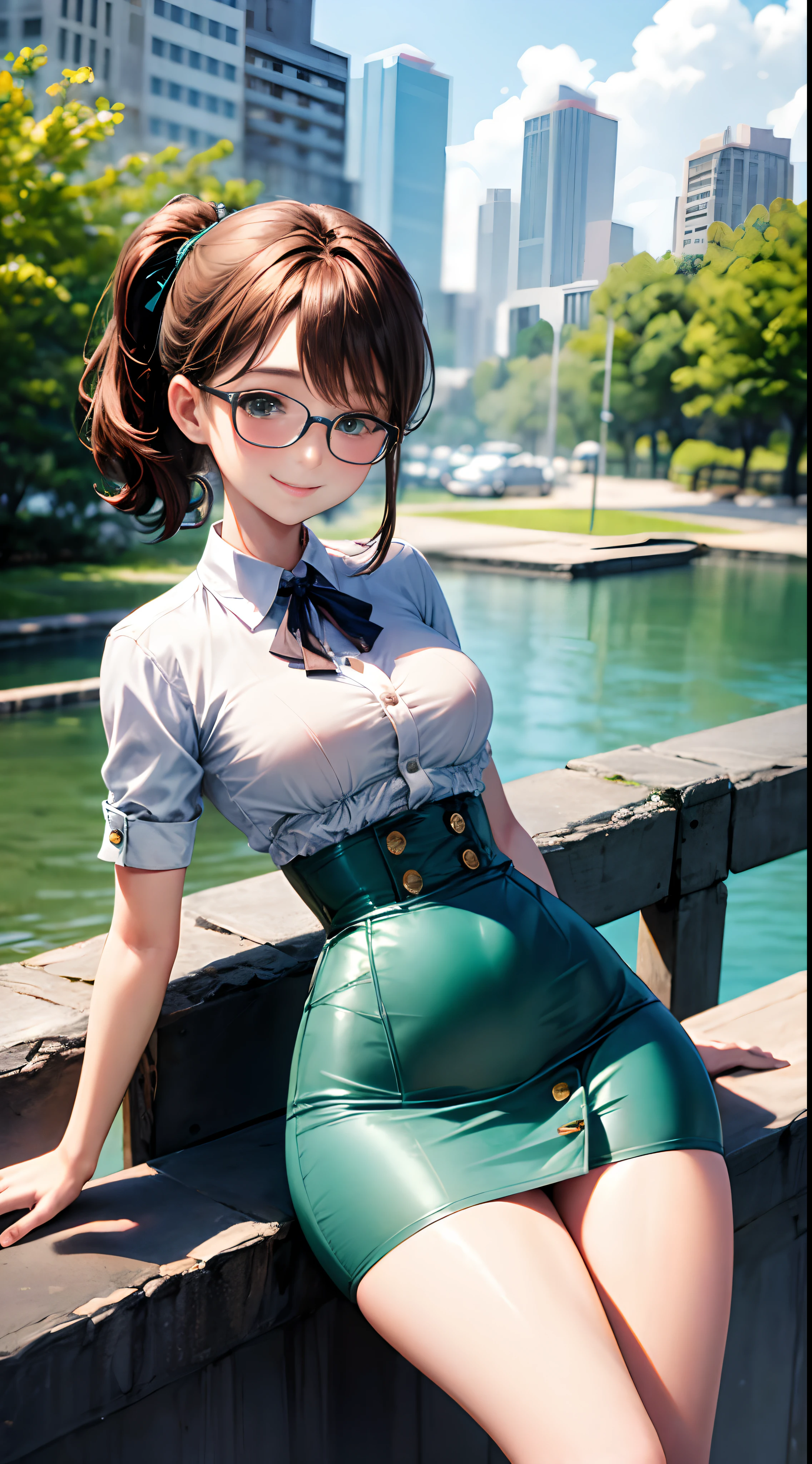1womanl,ar old,wn hair,Beautiful ponytail hairstyle, (Teal High Waist Skirt:1.3),, (whiteshirt:1.3), (double-breasted,Underbust:1.2), Short sleeves, buttonGap,A smile,small tits,Frameless glasses,