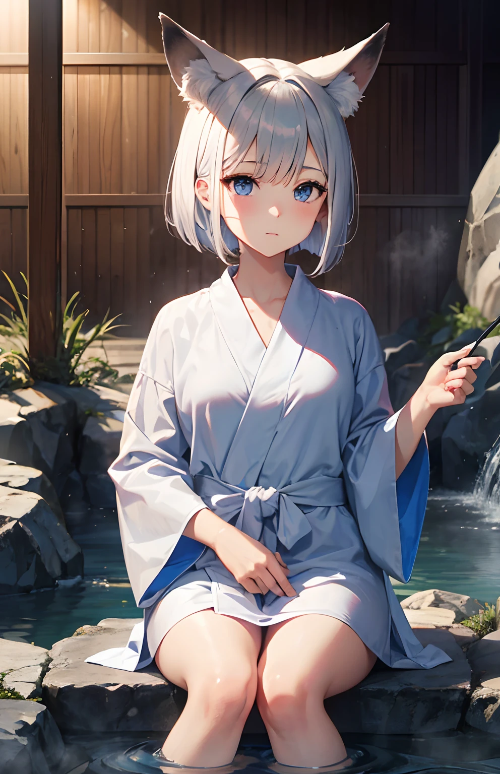 masterpiece,Top image quality,hight resolution,imagem 4k,Raw photo,Photorealsitic,{Solo},s girl,Embarrassment,Silver short bob hair,stare at each other,,Blue eyes,小柄,,Silver fox ears,Fox tail,hot onsen,boyish,,bathrobe