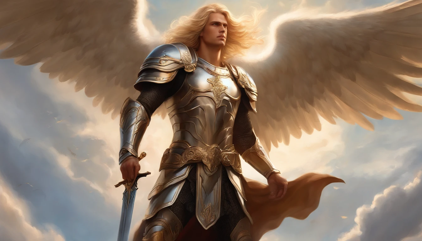 blonde hair, hairy male with sword and wings in front of a cloudy sky, Archangel Michael, archangel, Saint Michael Angel, Epic Fantasy Digital Art Style, Artgerm. high detail, angel in plastic armor, male fantasy portrait, angelic, behance fantasy art, detailed 2d digital fantasy art, by Yang J, Holy Paladin, Epic Fantasy HD art style, oil painting