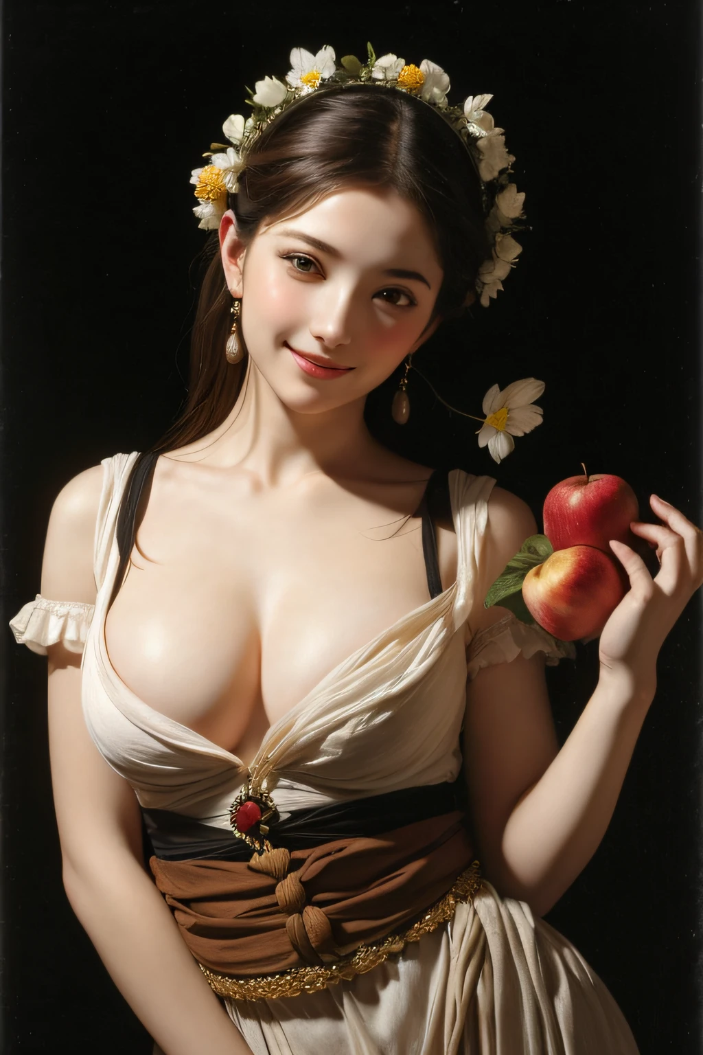 Ancient Greek maiden, Ancient Greek clothes, woman, pure smile, Caravaggio painting, flowers, fruits, big breasts Tong ,Caravaggio chiaroscuro, dark background