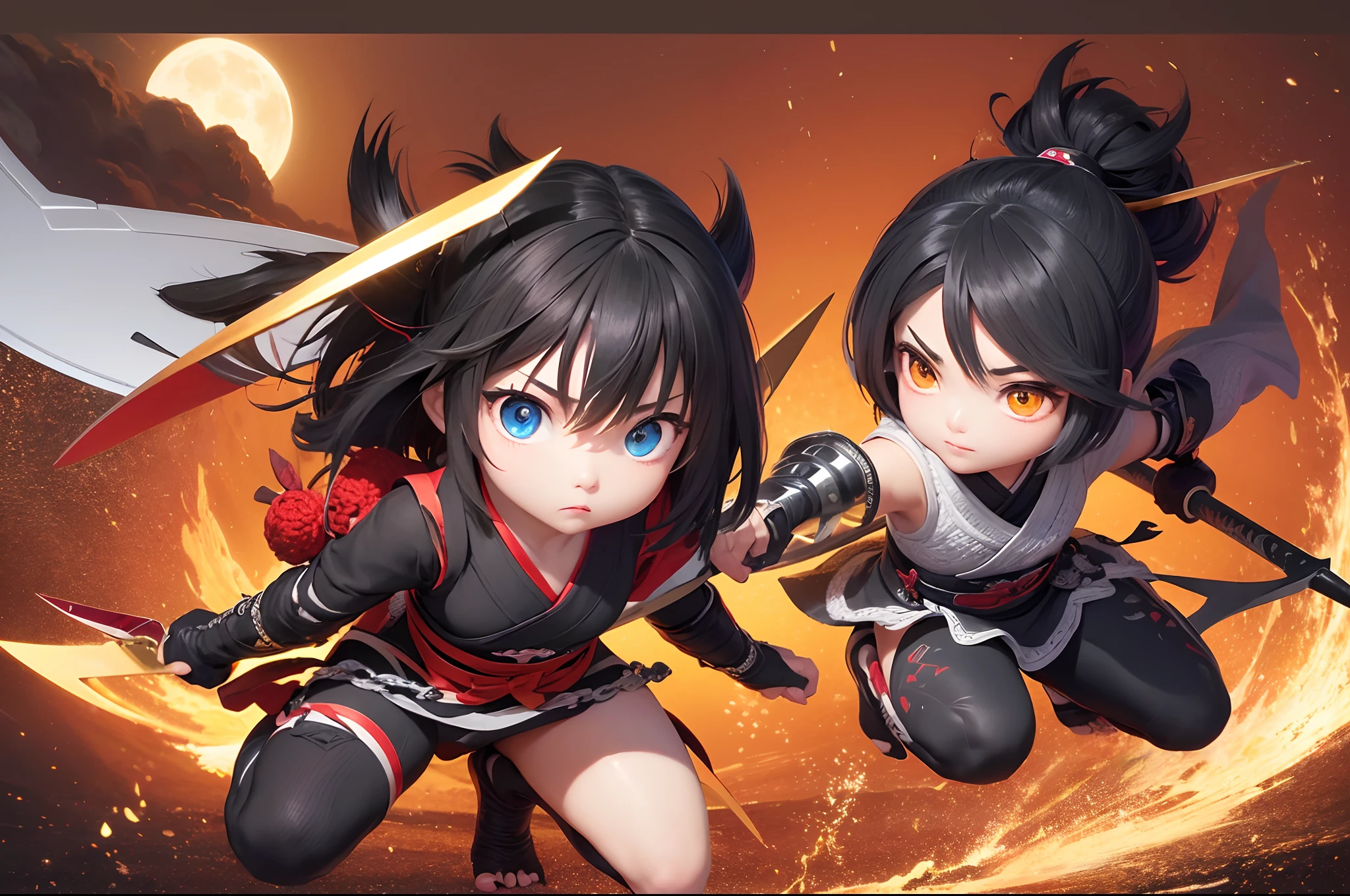 masterpiece、top-quality、The ultra -The high-definition、1 girl in、Kuichi、Female ninja、attire(Black / Red)、ninjartist 、ninjartist 、ninjartist、samurais 、Samurai 、Samurai、shuriken、ninjartist、Kunoichi、Historical、Fight Hannya、Prajna,shuriken、kunai、Saling、Chain sickle、gun、Child of the bird、crochet、Ninja Sword,full body Esbian、buttle、Midnight、Big crescent moon behind、