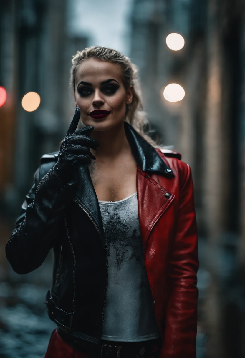 A couple photo from fierce joker and pretty harley quinn, rain day, wet, standing on urban street, dynamic romantic poses, shot from below, urban wall graffiti background, detailed face and eyes, perfect anatomy, perfect finger, lots of detail, higly detailed, cinematic lighting, movie scenes, trending movie color style, realistic photography, ultra realistic, masterpiece, dynamic composition, very wide view, nvidia rtx