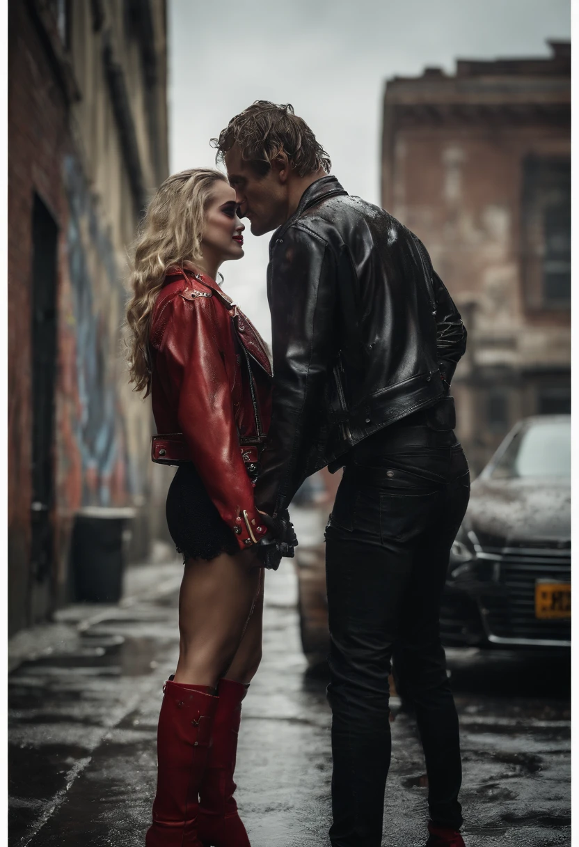 A couple photo from fierce joker and pretty harley quinn, rain day, wet, standing on urban street, dynamic romantic poses, shot from below, urban wall graffiti background, detailed face and eyes, perfect anatomy, perfect finger, lots of detail, higly detailed, cinematic lighting, movie scenes, trending movie color style, realistic photography, ultra realistic, masterpiece, dynamic composition, very wide view, nvidia rtx