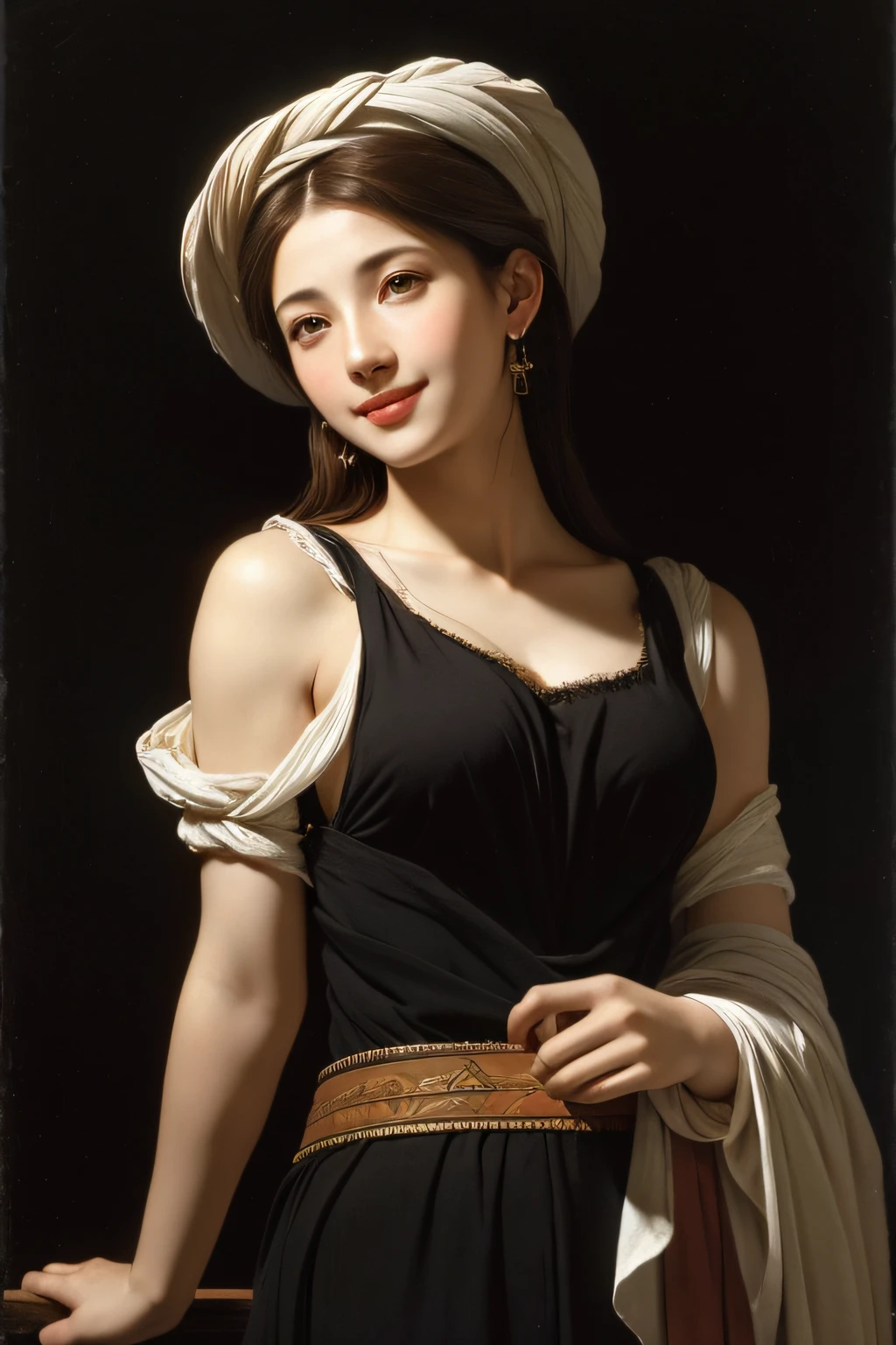 Ancient Greek maiden, Ancient Greek clothes, woman, pure smile, Caravaggio painting, flowers, fruits, big breasts Tong ,Caravaggio chiaroscuro, dark background