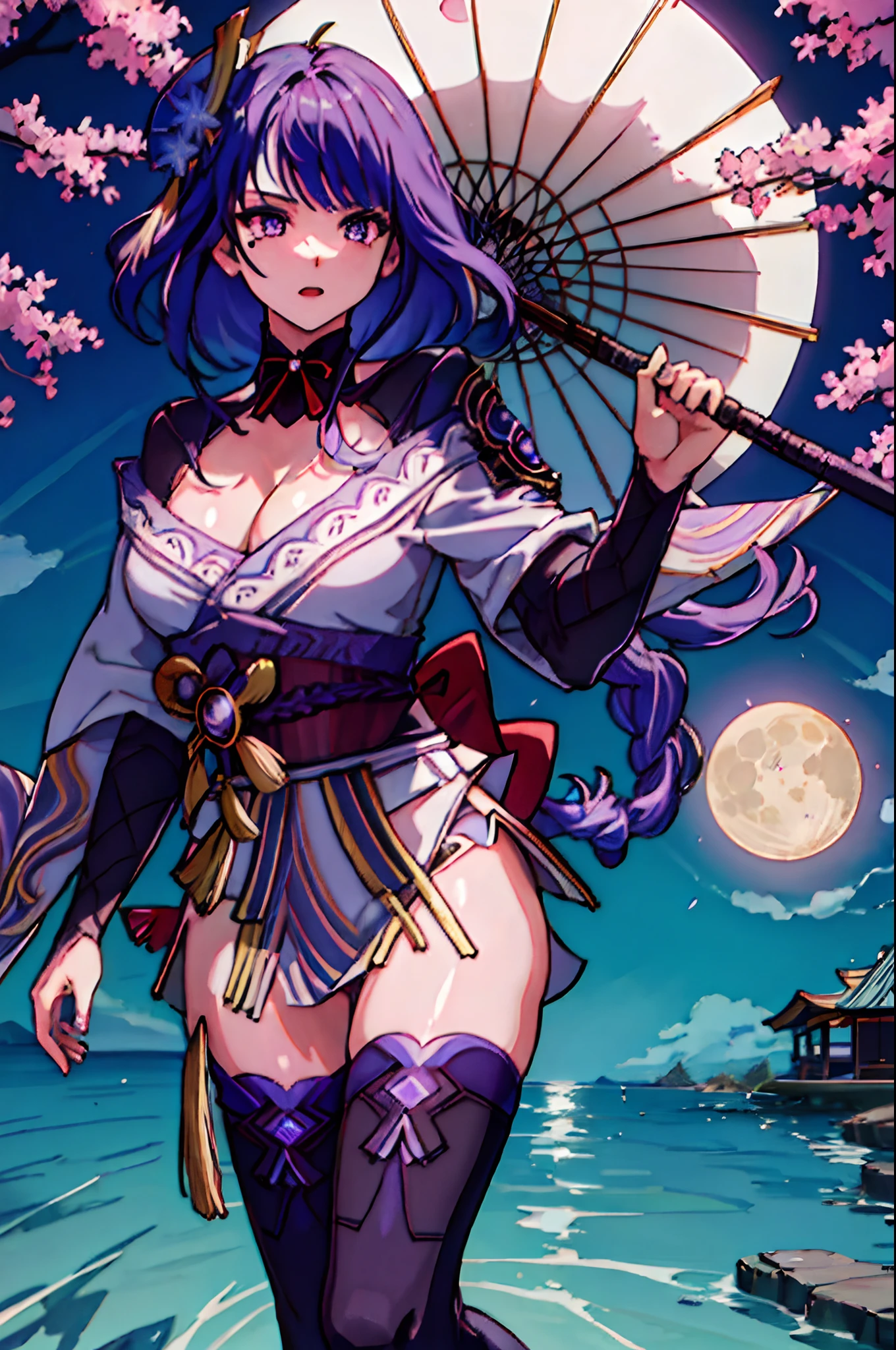 masutepiece, Best Quality, High resolution, Extremely detailed, Detailed background, Cinematic lighting, Dynamic Angle, Raiden General, 1girl in, Purple hair, Solo, breasts, Looking at Viewer,Purple Long, Open mouth, pale purple eyes, cleavage, medium breasts, black thighhighs, zettai ryouiki, Kimono,NSFW, Double bun, Big Vood,Pastel Fantasy,Dynamic Action Pose,(((Opening legs)))、which are full of confidence々、Look at viewers、A moon big enough to cover your body、cherry trees、Glitter on the surface of the water、Depth、out of focus、detailed and beautiful eyes、Eyes that seem to be sucked in、The moon about to be sucked in