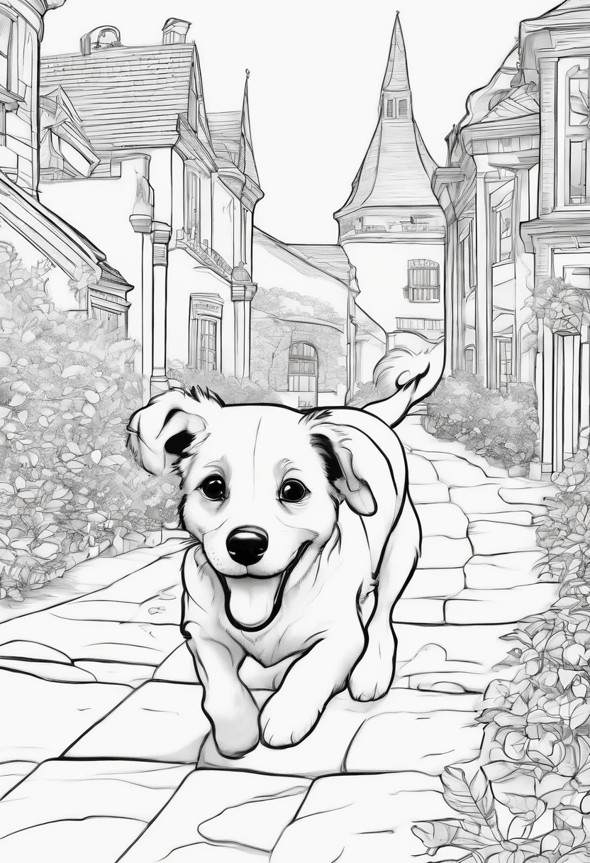 coloring page, Disney style, no color, small cute  dog, running, environment is a snowtown