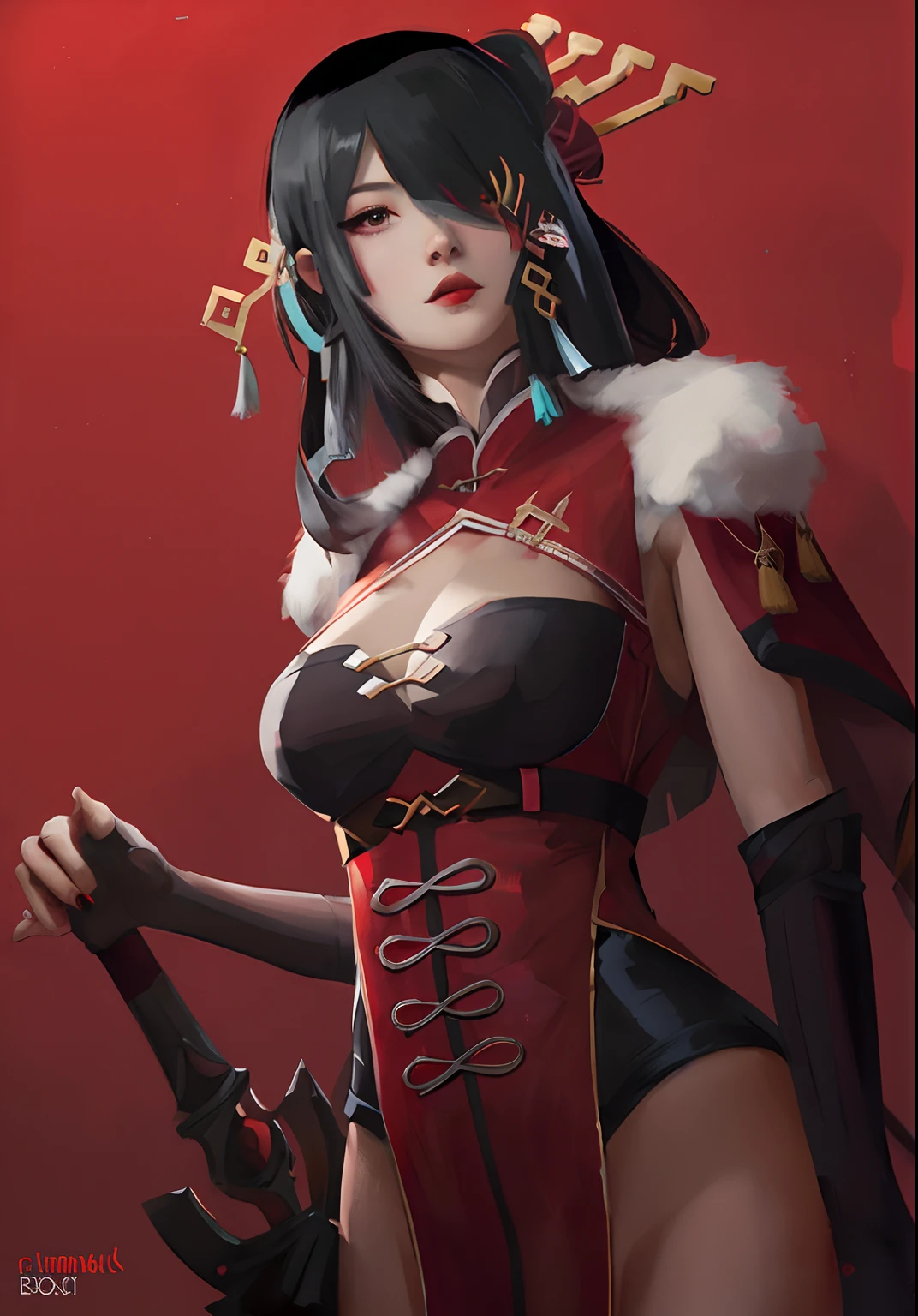 girl in red and black outfit with a sword and a red background, extremely detailed artgerm, by Yang J, g liulian art style, by Qu Leilei, rossdraws sakimimichan, full body xianxia, wlop rossdraws, fanart best artstation, onmyoji detailed art, by Shitao, :: rossdraws