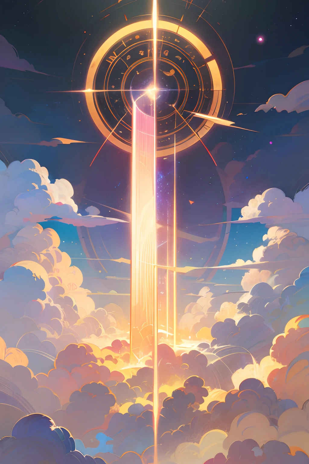 a painting of a stairway leading to a large building in the sky, magic portal in the sky, heavens gate, heaven gate, anime art nouveau cosmic display, dream portal, cloud palace, trending on artstation pixiv, infinite celestial library, anime fantasy artwork, close up