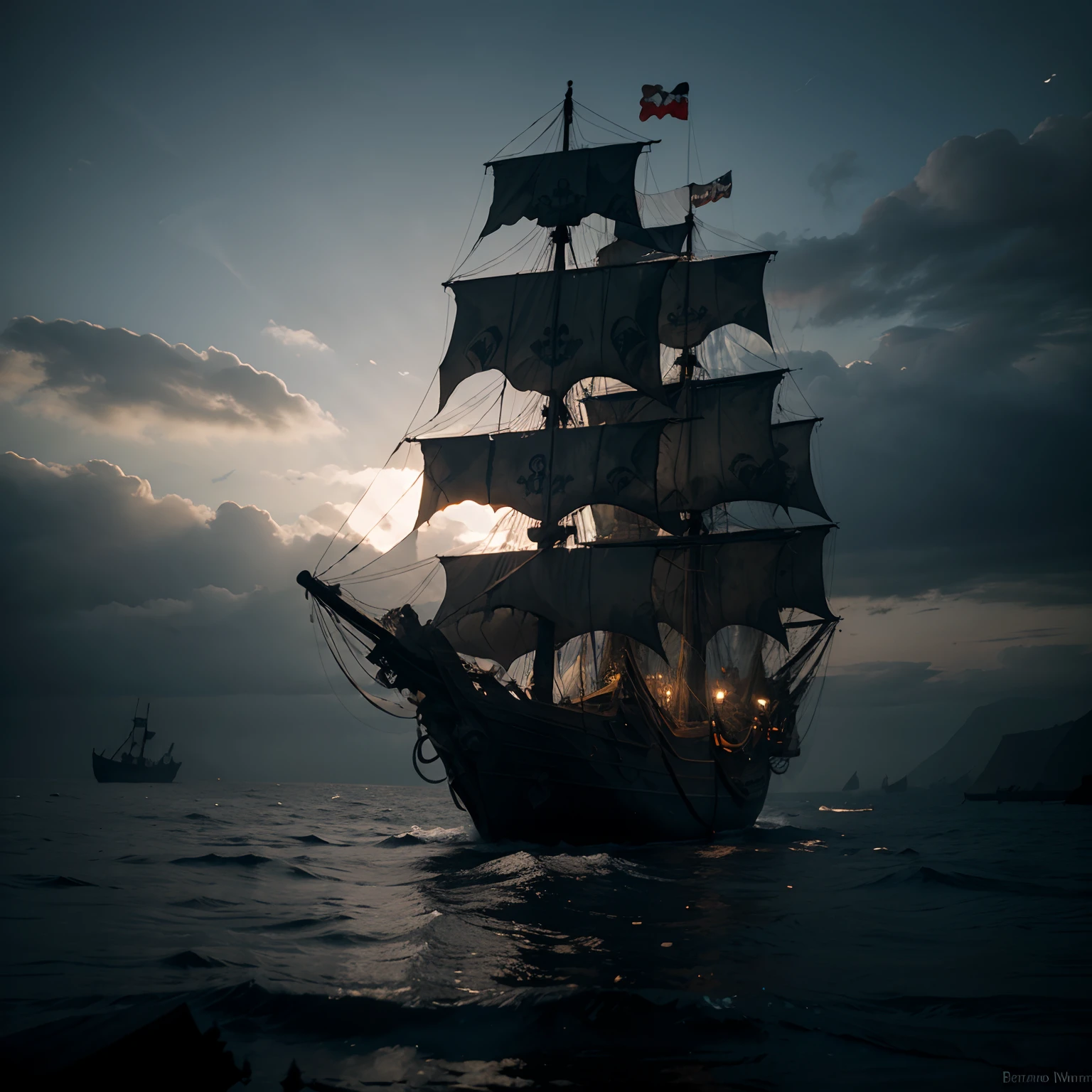 (Ghost pirate ship), torn sails, dark and scary