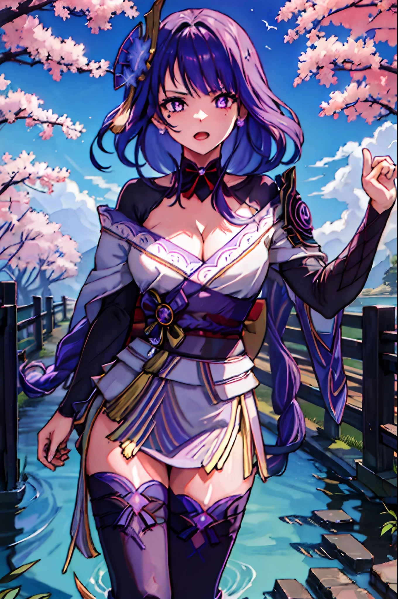 masutepiece, Best Quality, High resolution, Extremely detailed, Detailed background, Cinematic lighting, Dynamic Angle, Raiden General, 1girl in, Purple hair, Solo, breasts, Looking at Viewer,Purple Long, Open mouth, pale purple eyes, cleavage, medium breasts, black thighhighs, zettai ryouiki, Kimono,NSFW, Double bun, Big Vood,Pastel Fantasy,Dynamic Action Pose,（（（Opening legs）））、which are full of confidence々、Look at viewers、A moon big enough to cover your body、cherry trees、Glitter on the surface of the water、Depth、out of focus、detailed and beautiful eyes、Eyes that seem to be sucked in、