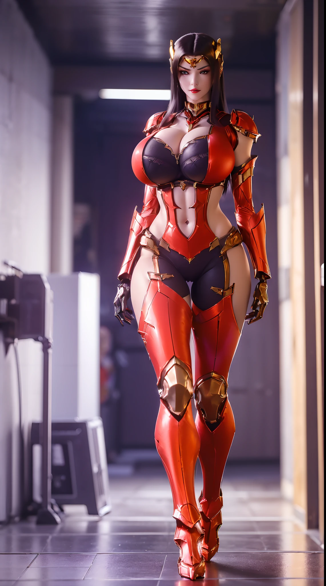 (1GIRL, SOLO), (ssmile, makeup, beautifull eyes, red_libs, dark_hair), (BIG BUTTOCKS, MUSCLE ABS, HUGE BOOBS:1.5), (MECHA GUARD ARM, MECHA GLOVES:1.3), (red, MECHA CYBER SHINY ARMORED SUIT, CLEAVAGE, MECHA SKINTIGHT YOGA PANTS, MECHA GUARD ARMOR LEGS, MECHA HIGH HEELS:1.5), (MUSCULAR BODY, SEXY LONG LEGS, FULL BODY:1.5), (LOOKING AT VIEWER:1.3), (WALKING DOWN HALLWAY OF FUTURISTIC SPACE STATION:1), (BRIGHT LIGHTING:1.3), PHYSICALLY-BASED RENDERING, ULTRA HIGHT DEFINITION, 16K, 1080P.