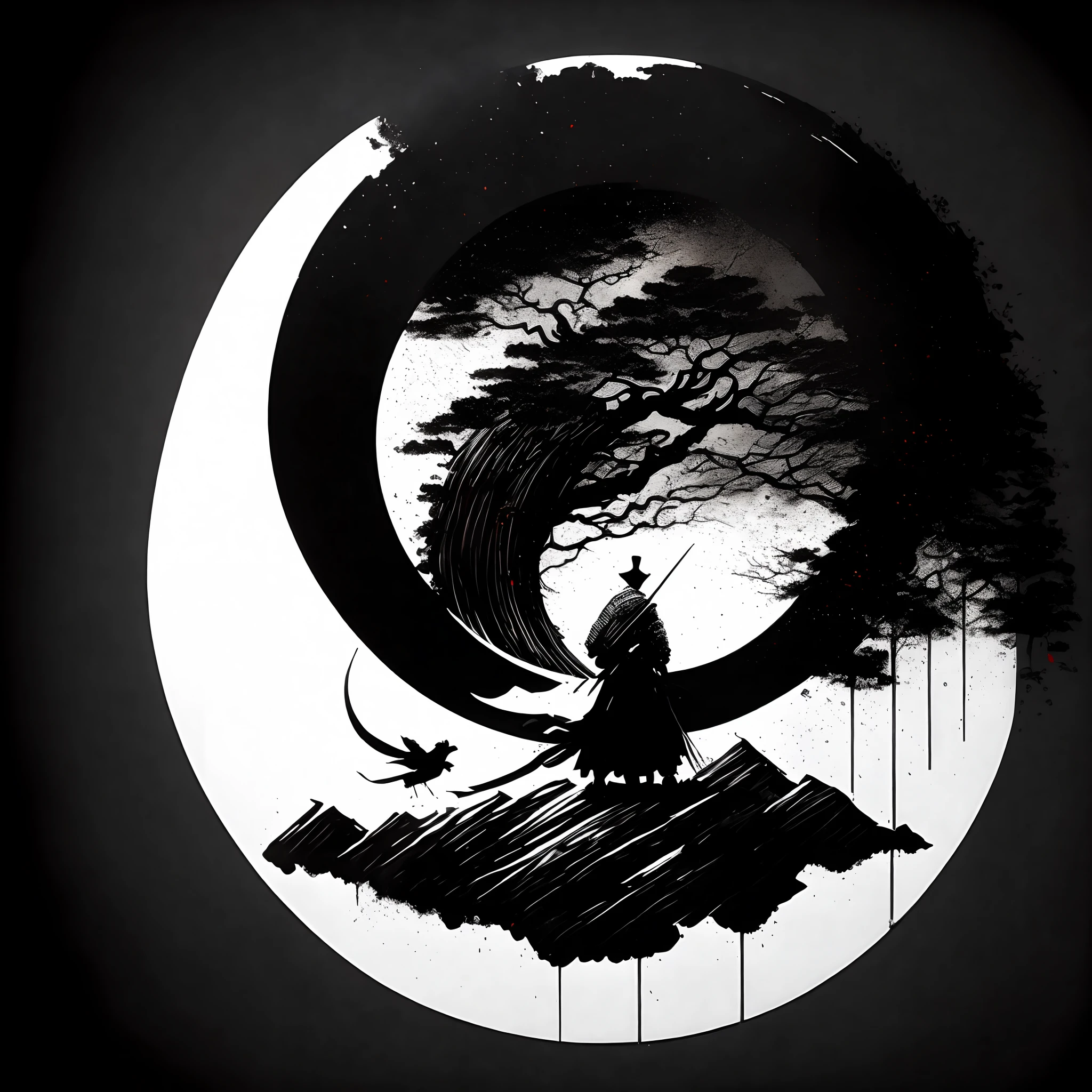 (masterpiece),illustration,logo,Speckle ink,ink painting,circle,amazing painting art,logo design,Chinese Traditional Painting,black and white,samurai,prajna