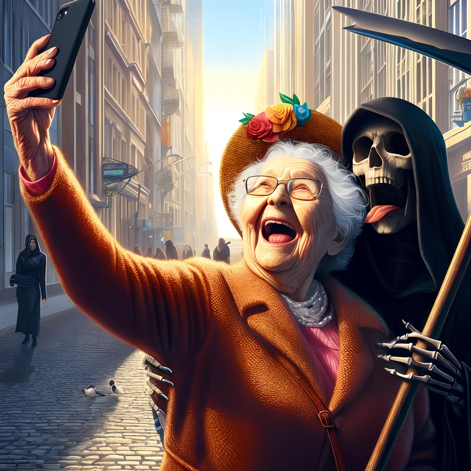 masterpiece, 8K, UHD, best quality, official art, photo-realistic, digital image, art, very old woman, grandmother, taking selfie, city street, laughs, happy, black reaper, death, scythe, stands behind, joyfully waves, humor, funny, parody, realism, detailed, intricate details, vibrant, warm colors, intense emotion, sharp contrasts, side view, looking at viewer, diagonal shot, dynamic angle, trending on artstation, unique touches, mid-swing, zoomed out, extreme close-up, top-down perspective