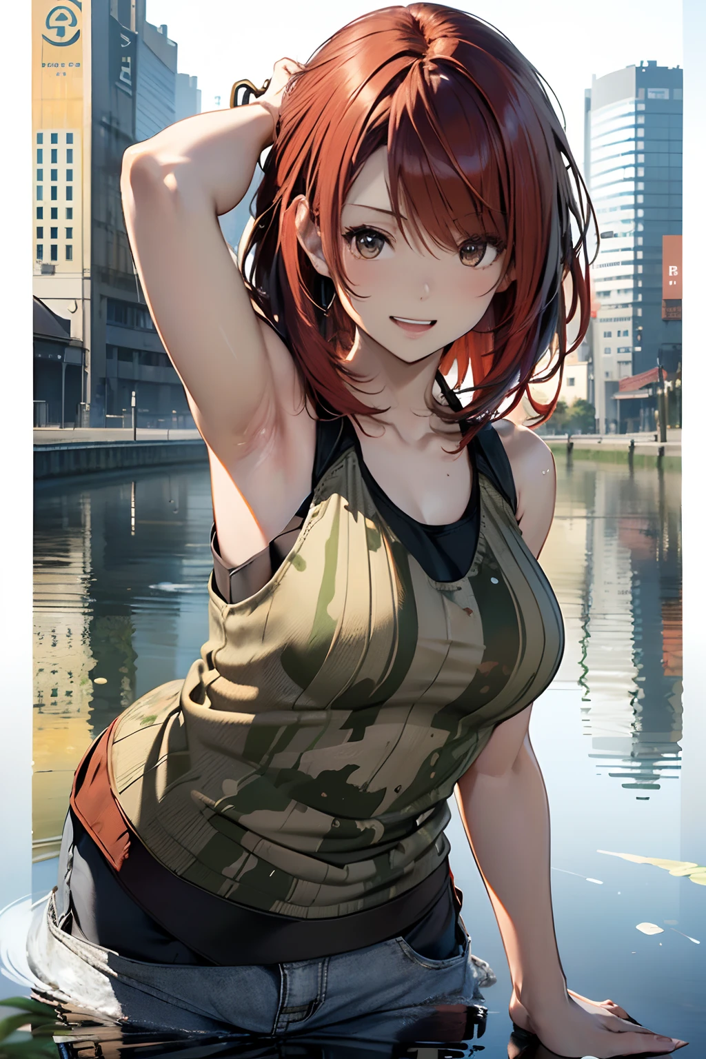 (Best Quality, 8K, Oil Painting, masutepiece:1.2), Ultra-detailed, (Realistic, Photorealistic:1.37), (((FULL BODYSHOT)))、Vibrant colors, Studio Lighting, (((The whole body is reflected)))、Shoulder-length bob hair, Green and brown tank top, Camouflage tank top, Denim miniskirt,、White background, ((Happy look))、close your eyes and laugh、open arms、Opens mouth and laughs、(((Red hair)))、(((bobhair)))、(((Camouflage pattern tank top)))、(((with a pure white background)))、(((There is a margin at the top)))、(((There is margin on the left and right sides)))、(((There is a margin above the image)))、(((Very cute woman)))、(((Shot from diagonally below)))