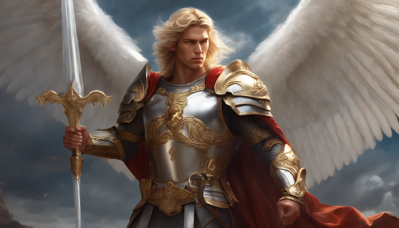 blonde hair, hairy male with sword and wings in front of a cloudy sky, Archangel Michael, archangel, Saint Michael Angel, Epic Fantasy Digital Art Style, Artgerm. high detail, angel in plastic armor, male fantasy portrait, angelic, behance fantasy art, detailed 2d digital fantasy art, by Yang J, Holy Paladin, Epic Fantasy HD art style, oil painting