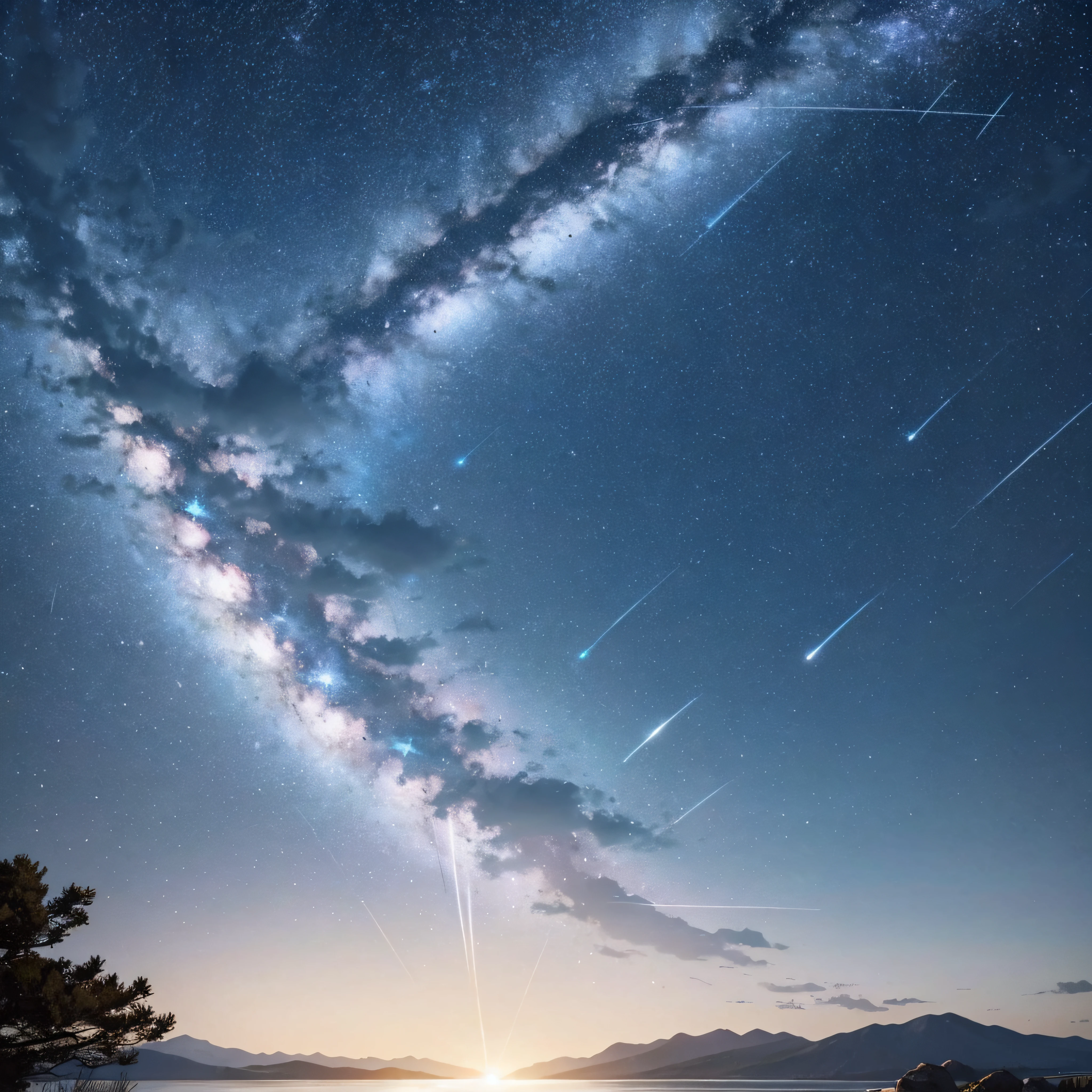 Vast sky: Showing off the vastness of the night sky, Let the stars and shooting stars occupy a significant part of the composition., Dynamic Shooting Star: Shooting stars capture the movement and energy across the sky, Creates movement and a sense of wonder., serene landscape: Consider adding tranquil scenery, mountain in the distance々and calm waters, etc., To raise the sense of peace and tranquility. --auto