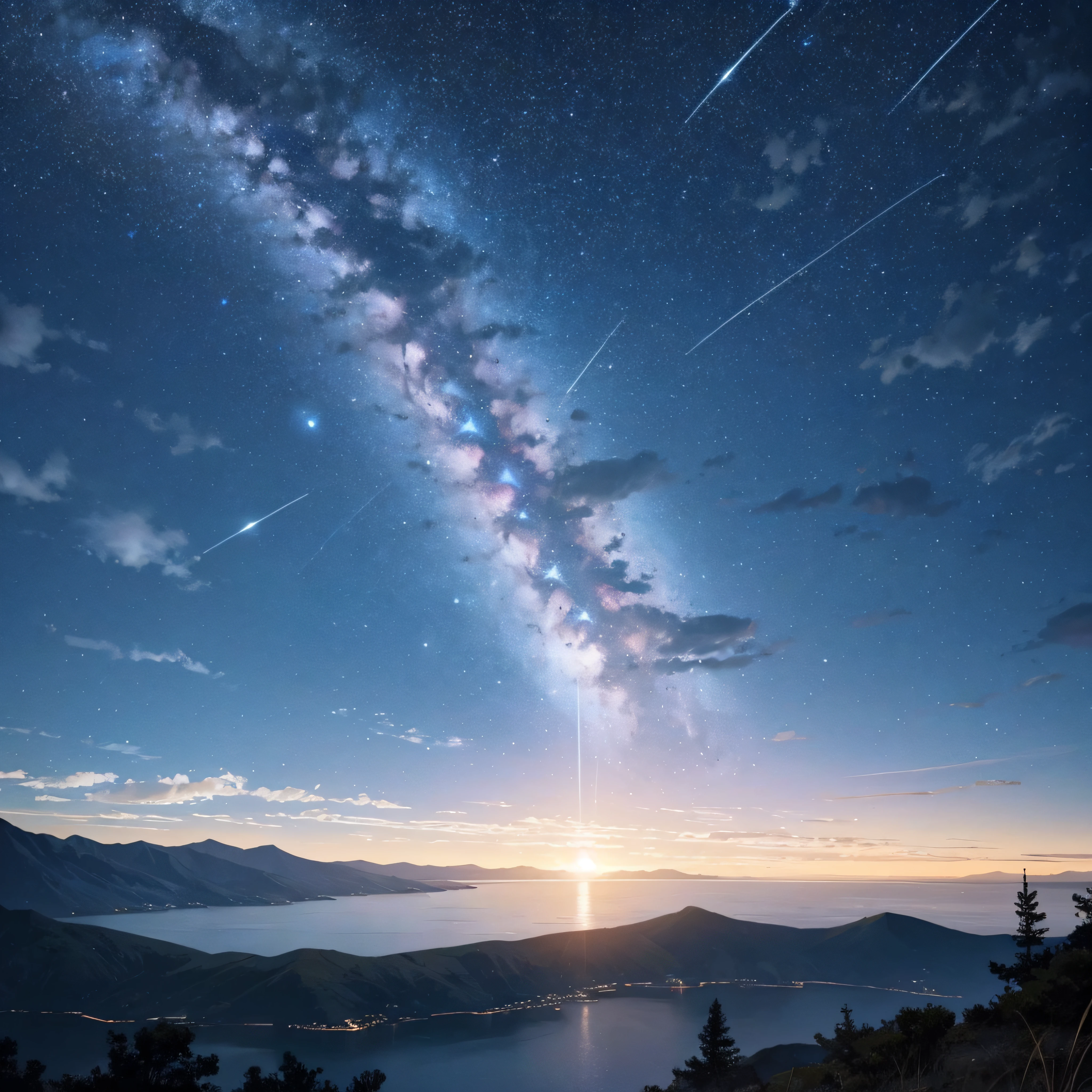 Vast sky: Showing off the vastness of the night sky, Let the stars and shooting stars occupy a significant part of the composition., Dynamic Shooting Star: Shooting stars capture the movement and energy across the sky, Creates movement and a sense of wonder., serene landscape: Consider adding tranquil scenery, mountain in the distance々and calm waters, etc., To raise the sense of peace and tranquility. --auto