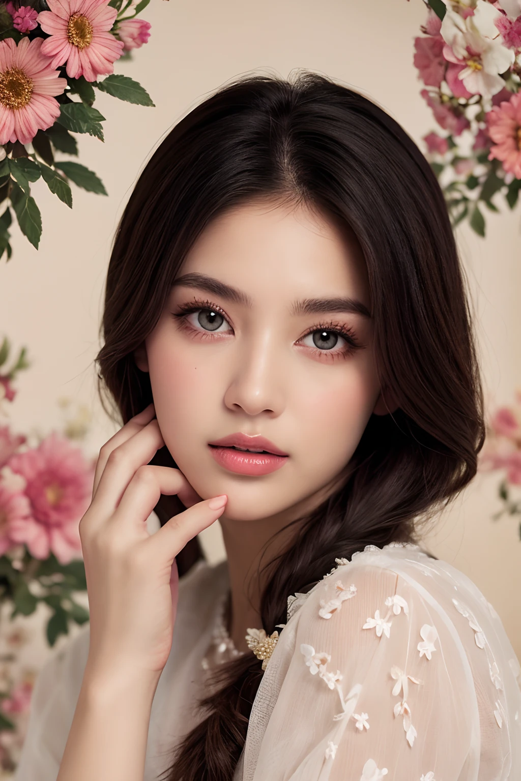 beautiful detailed eyes, beautiful detailed lips, traditional dress, elegant pose, floral background, vibrant colors, soft lighting